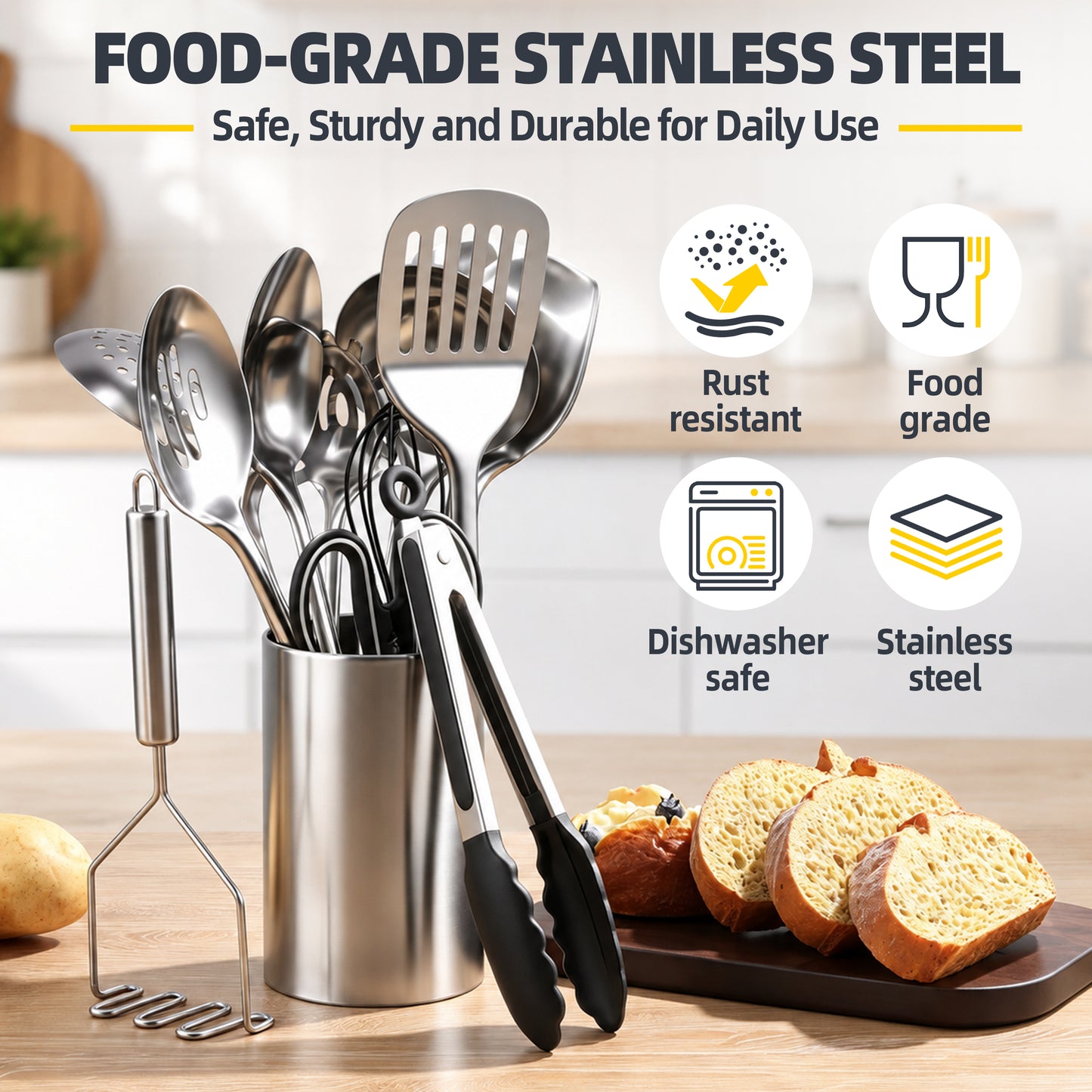 Vesteel 12-Piece Cooking Utensils Set, Stainless Steel Kitchen Utensils with Holder, Non-stick Cookware Set Include Pasta Server, Potato Masher and Spatula, Heat Resistant & Dishwasher Safe