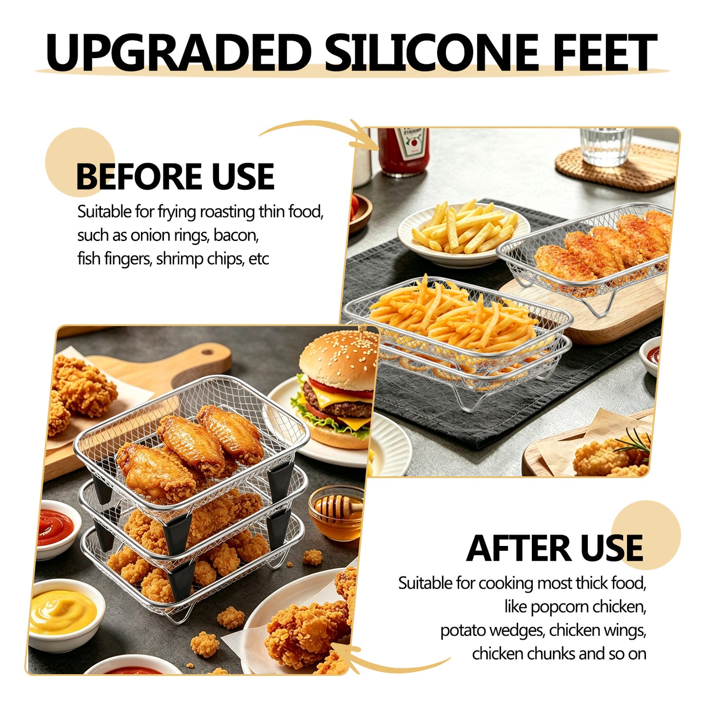 Vesteel Stainless Steel Air Fryer Racks, 3-Layer 7.7’’ x 5.3” Frying Basket Accessories, Stackable Rectangular Dehydrator Racks for Baking Roasting, Includes Silicon Feet & Clip, Dishwasher Safe