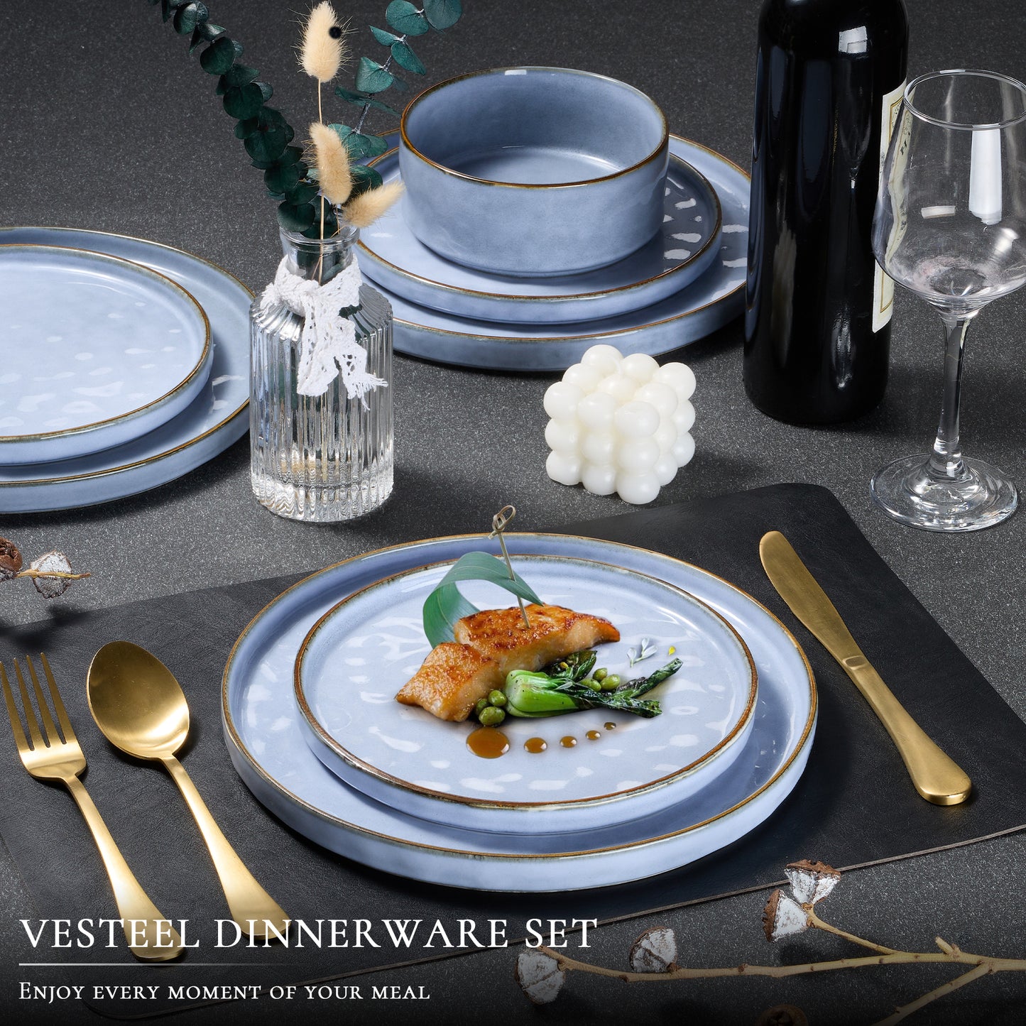 Vesteel Dinnerware Sets, 12-Piece Stoneware Plates and Bowls Set, Dishes Set for 4, Elegant Ceramic Dinnerware for Home Restaurant - Uranus Blue