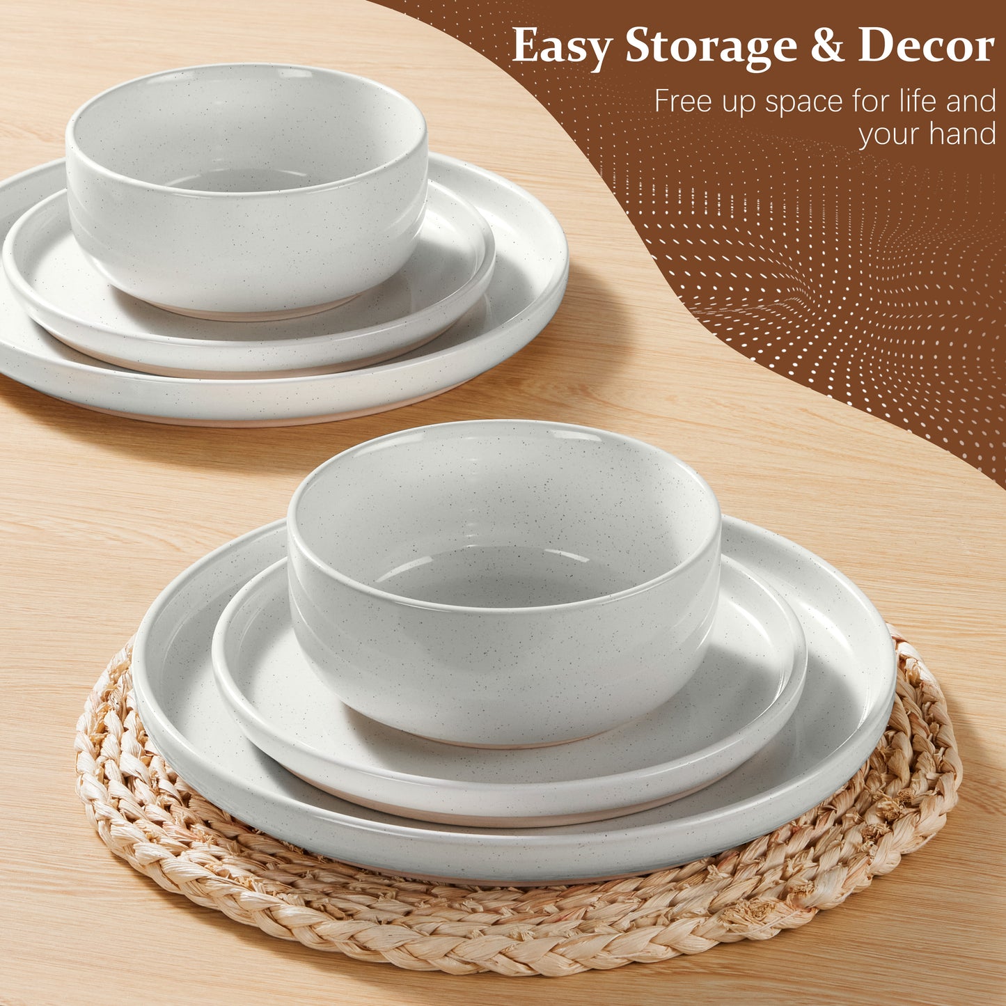 Vesteel Stoneware Dinnerware Sets for 2, 6 Pieces Ceramic Plates and Bowls Sets, Elegant Dishes with Rustic Terracotta Base, Dishwasher & Microwave Safe, Scratch Resistant, Speckled White
