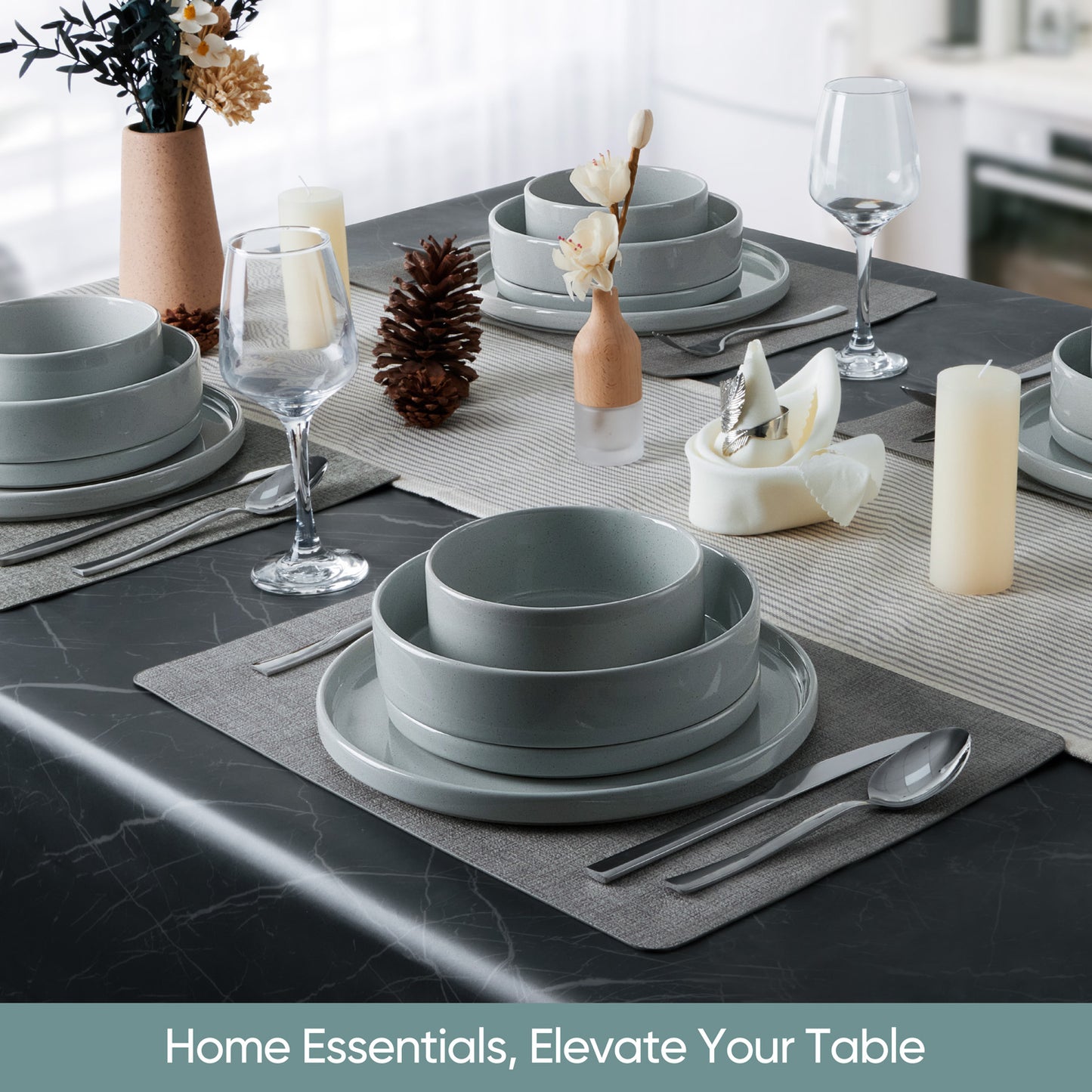 Vesteel 16 Pieces Dinnerware Sets, Premium Stoneware Dishes Set for 4, Speckled Plates and Bowls Set for Home Restaurant, Microwave and Dishwasher Safe - Mist Grey