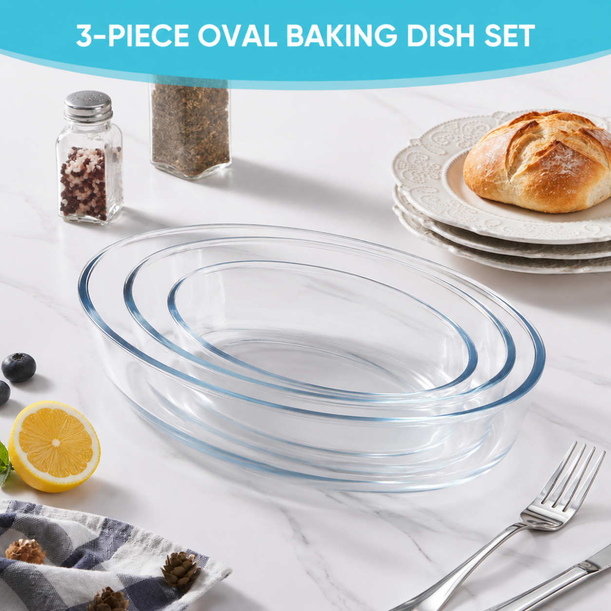 Vesteel 3-Piece Glass Baking Dish Set, Oval Baking Tray for Oven, Non-Stick Glass Bakeware Set Kitchen Casserole Dishes for Prepping and Baking, Heat-Resistant & Oven Freezer Dishwasher Safe