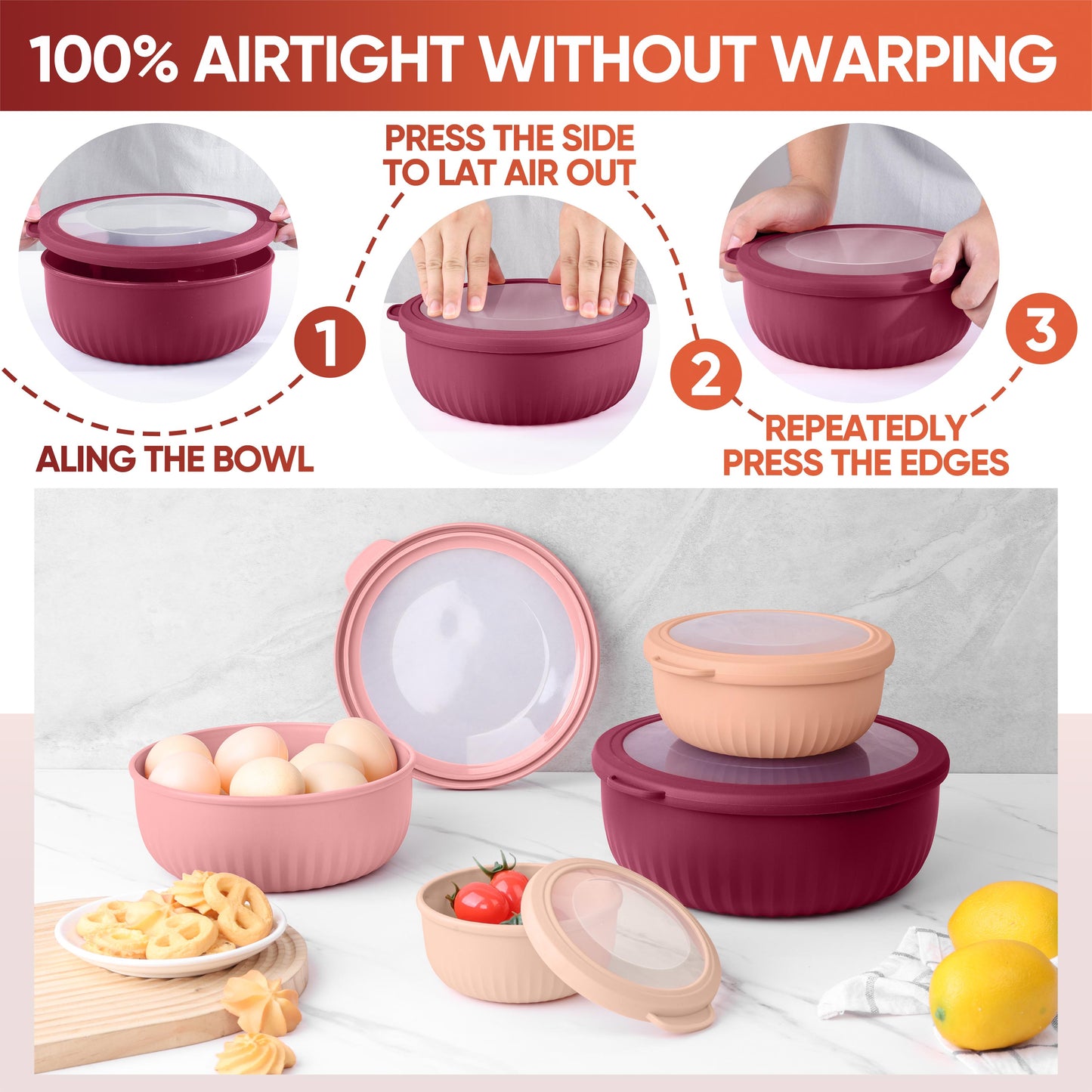 Vesteel 8Pcs Mixing Bowl Set with Lids, Nesting Plastic Bowls for for Mixing Serving Preparing Storage, Kitchen Prep Bowls, Dishwasher Safe, Rose