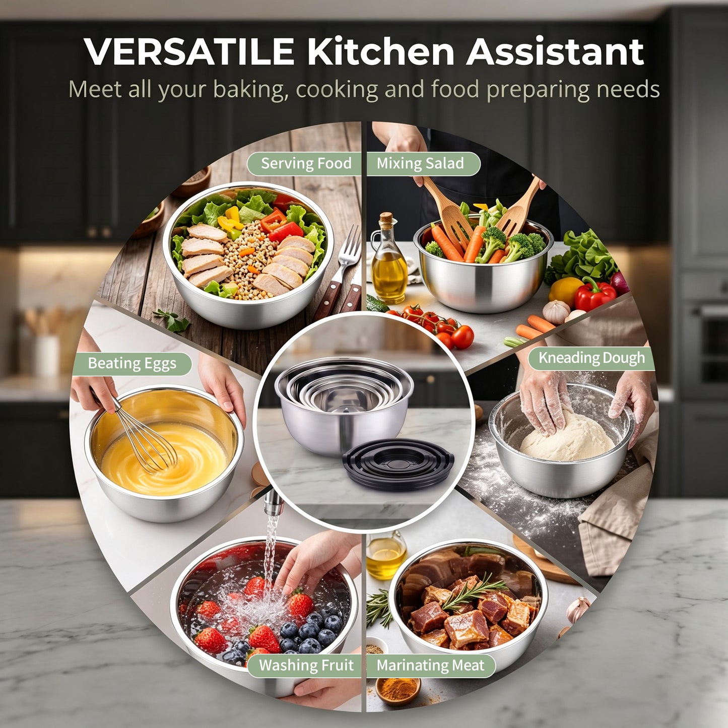 Vesteel Stainless Steel Mixing Bowls, 5 Piece Metal Nesting Bowls with Airtight Lids, Stackable Salad Bowls for Baking, Prepping & Serving, Dishwasher Safe, 5/3/1.7/1.2/0.8 QT, Black