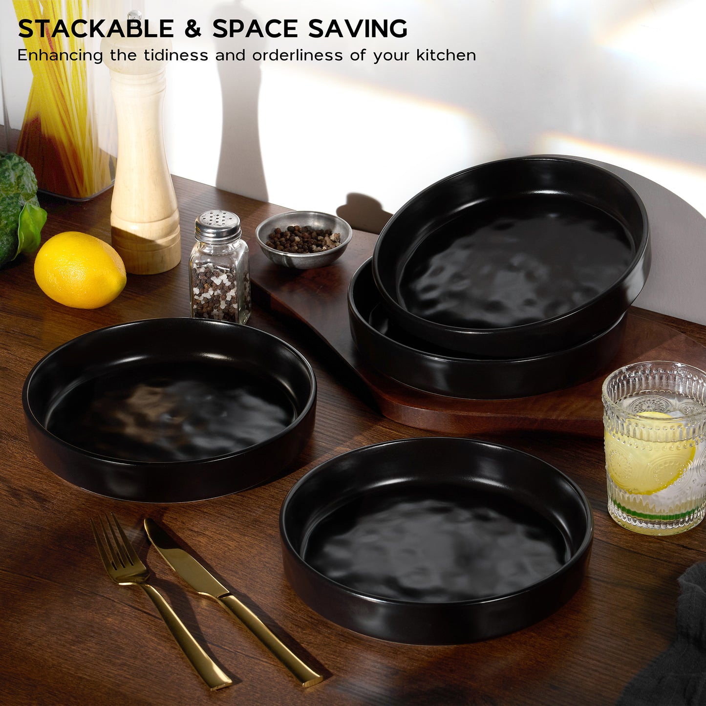 Vesteel Pasta Bowls Set of 4, 32oz Stoneware Salad Bowl, Large Dinner Bowls for Eating Serving Soup Noodle Pasta, Microwave & Dishwasher Safe, Matte Black
