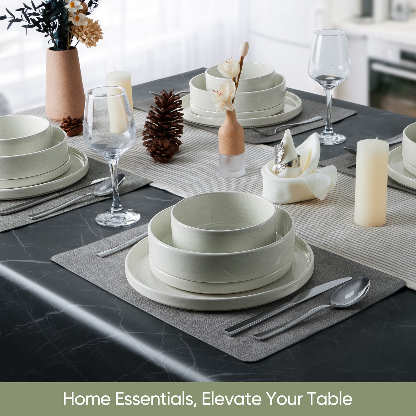 Vesteel 16 Pieces Dinnerware Sets, Premium Stoneware Dishes Set for 4, Speckled Plates and Bowls Set for Home Restaurant, Microwave and Dishwasher Safe - Off-white