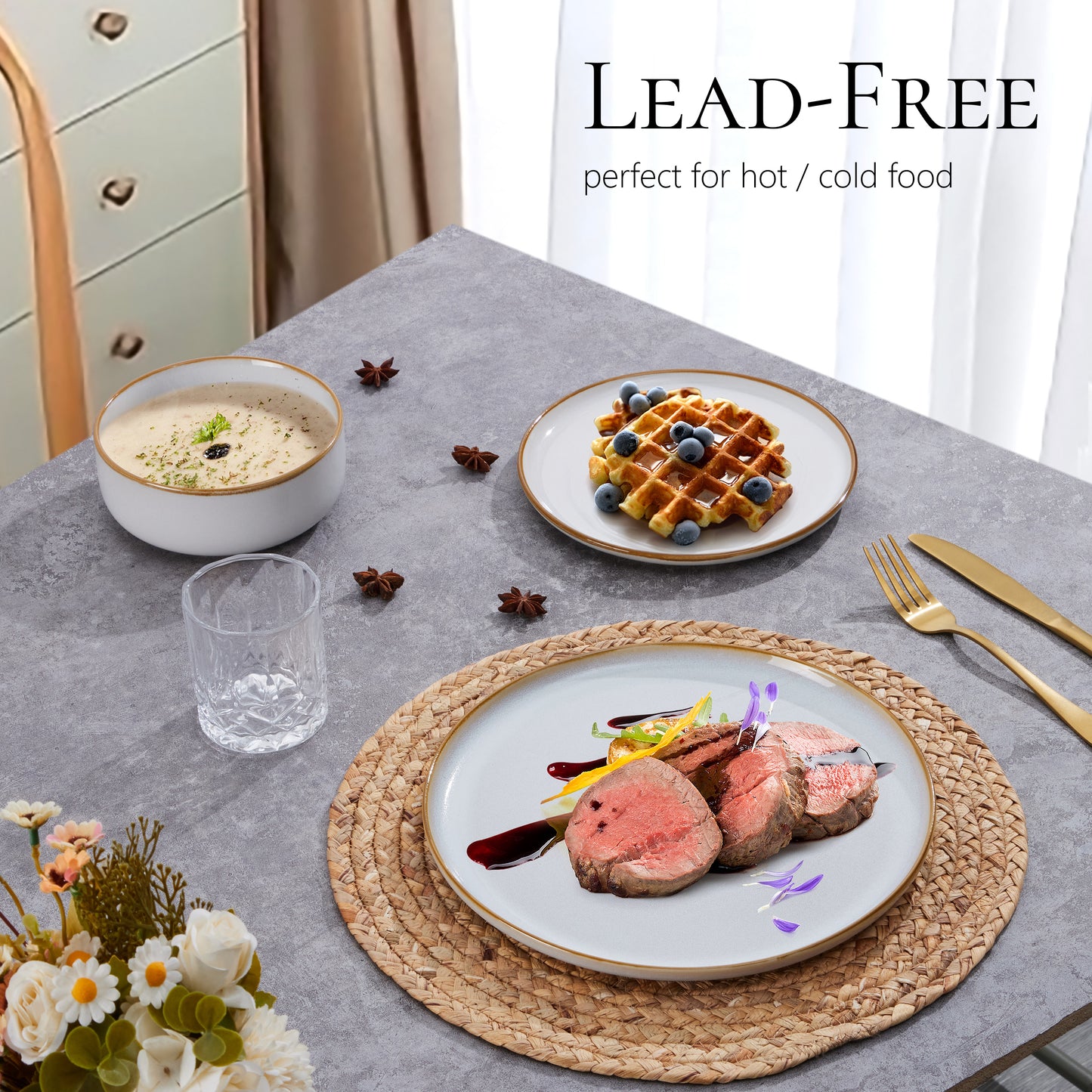 Vesteel Dinnerware Sets for 4, 12-Piece Stoneware Dish and Bowls Set, Handmade Reactive Glaze Coupe Plates Set for Family, Chip & Scratch Resistant - Seashell White
