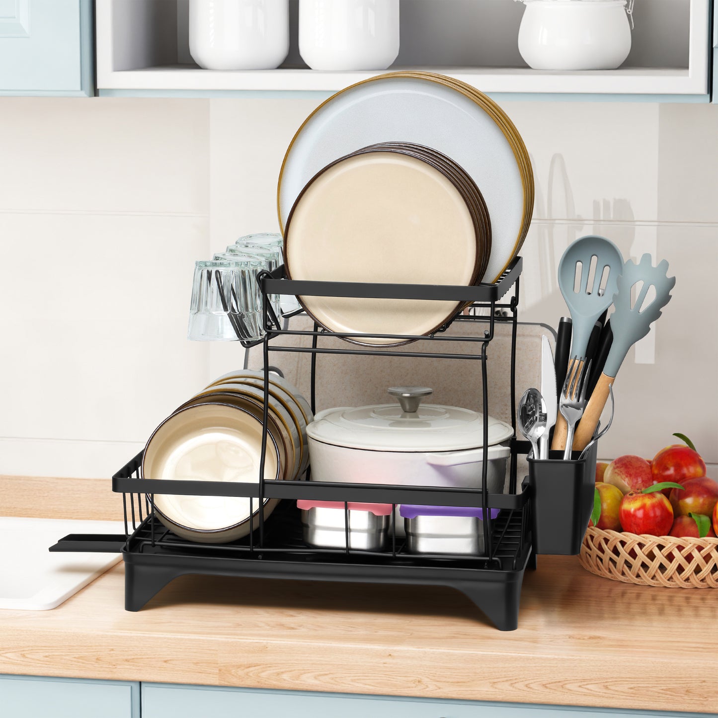 Vesteel Large Dish Drying Rack, Stainless Steel Dish Rack with Drainboard for Kitchen Counter, 2-Tier Rustproof Dish Drainer with Utensil Holder for Sink, Space Saving, Black