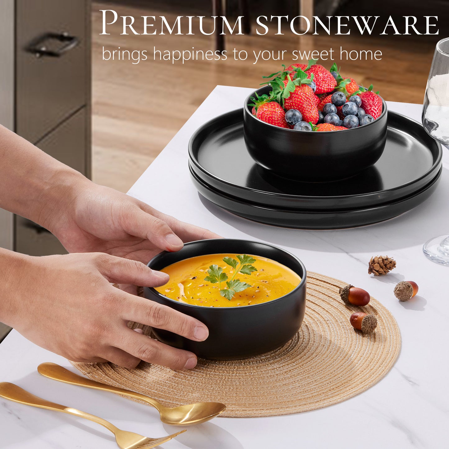 Vesteel Dinnerware Sets for 4, 12-Piece Stoneware Dish and Bowls Set, Handmade Reactive Glaze Coupe Plates Set for Family, Chip & Scratch Resistant - Matte Black