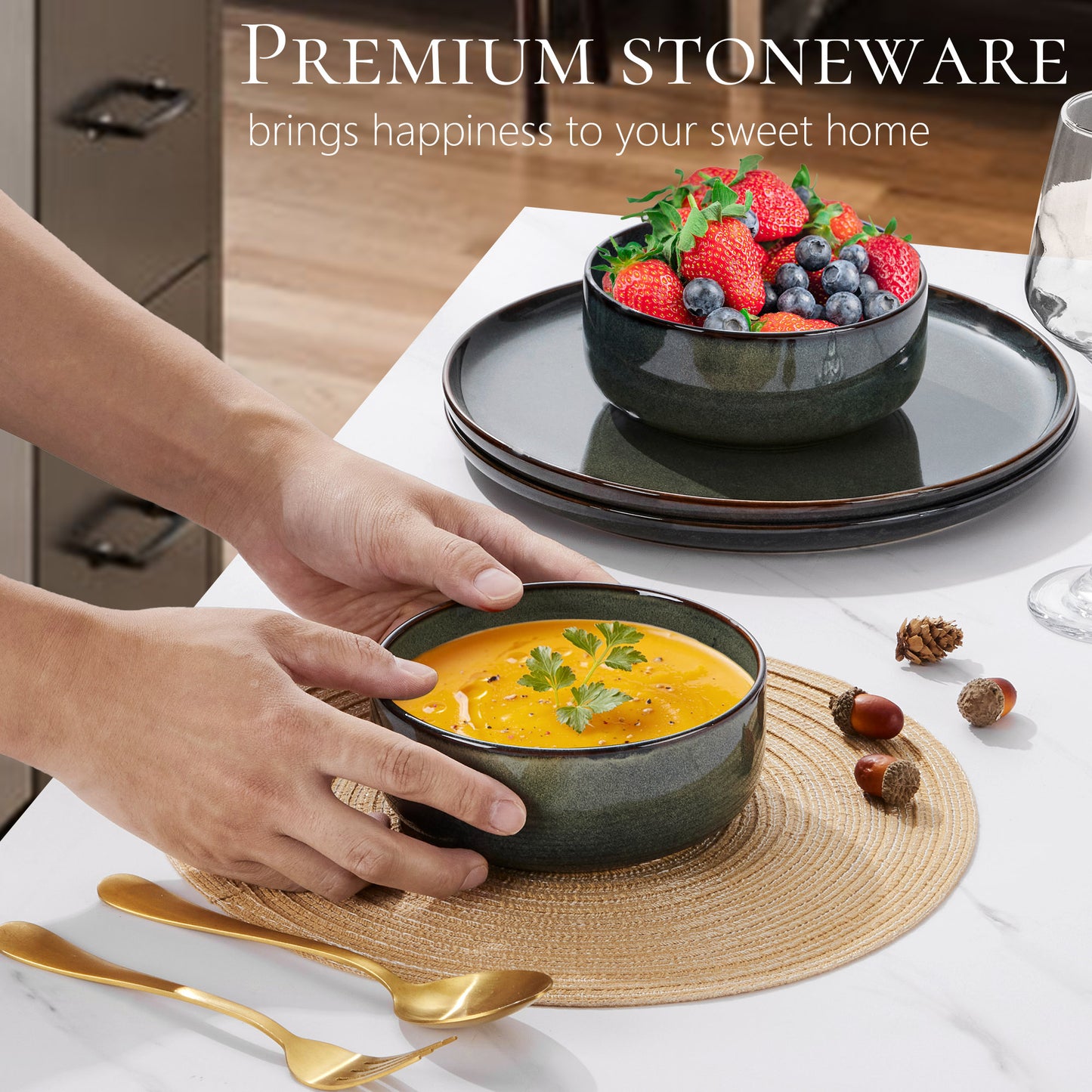 Vesteel Dinnerware Sets for 4, 12-Piece Stoneware Dish and Bowls Set, Handmade Reactive Glaze Coupe Plates Set for Family, Chip & Scratch Resistant - Sage Green