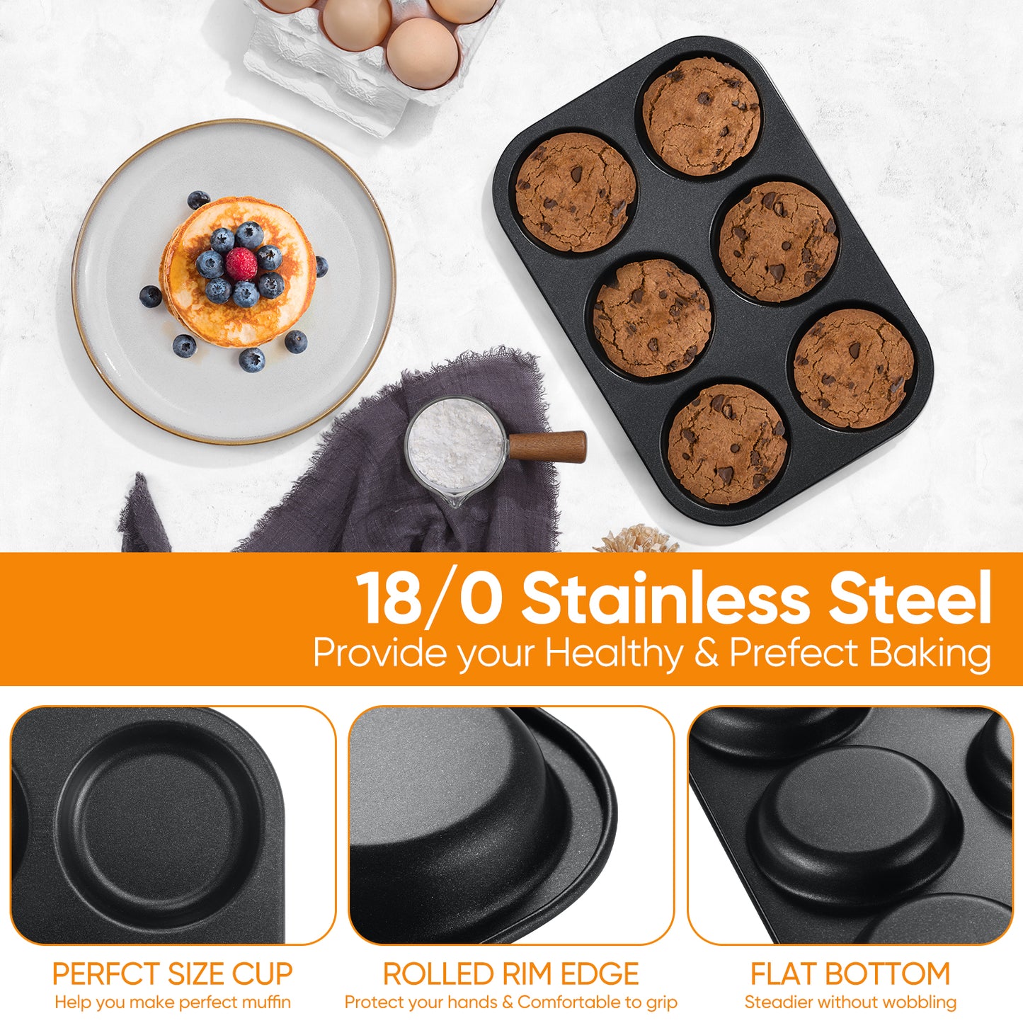 Vesteel Muffin Top Pan, 6-Cup Stainless Steel Cupcake Pan for Baking, 11” x 7.5” Regular Size Metal Pan Tin Tray for Mini Cake Cookie Egg Hamburger, Oven Safe