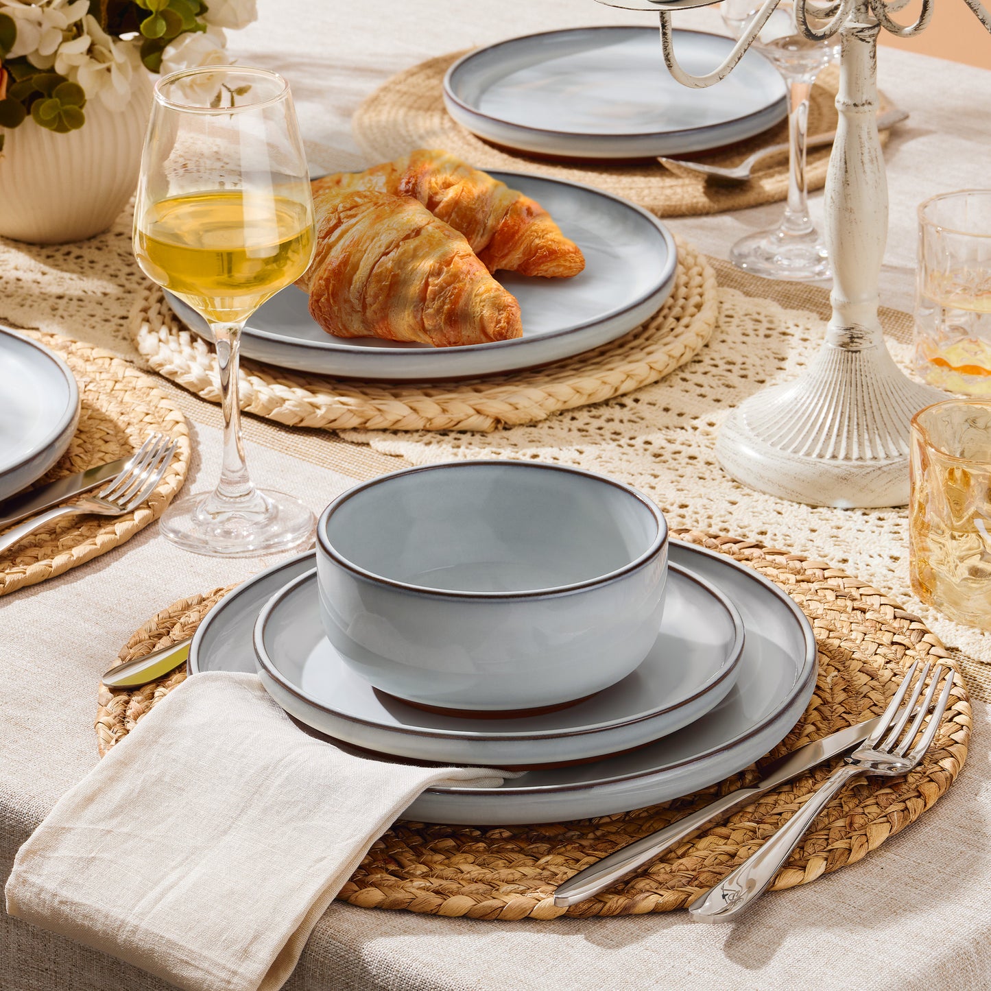 Vesteel 12-Piece Dinnerware Sets, Stoneware Dish and Bowls Set for 4, Ceramic Plates Set with Zisha Clay Base for Home Kitchen, Chip & Scratch Resistant - Ivory White