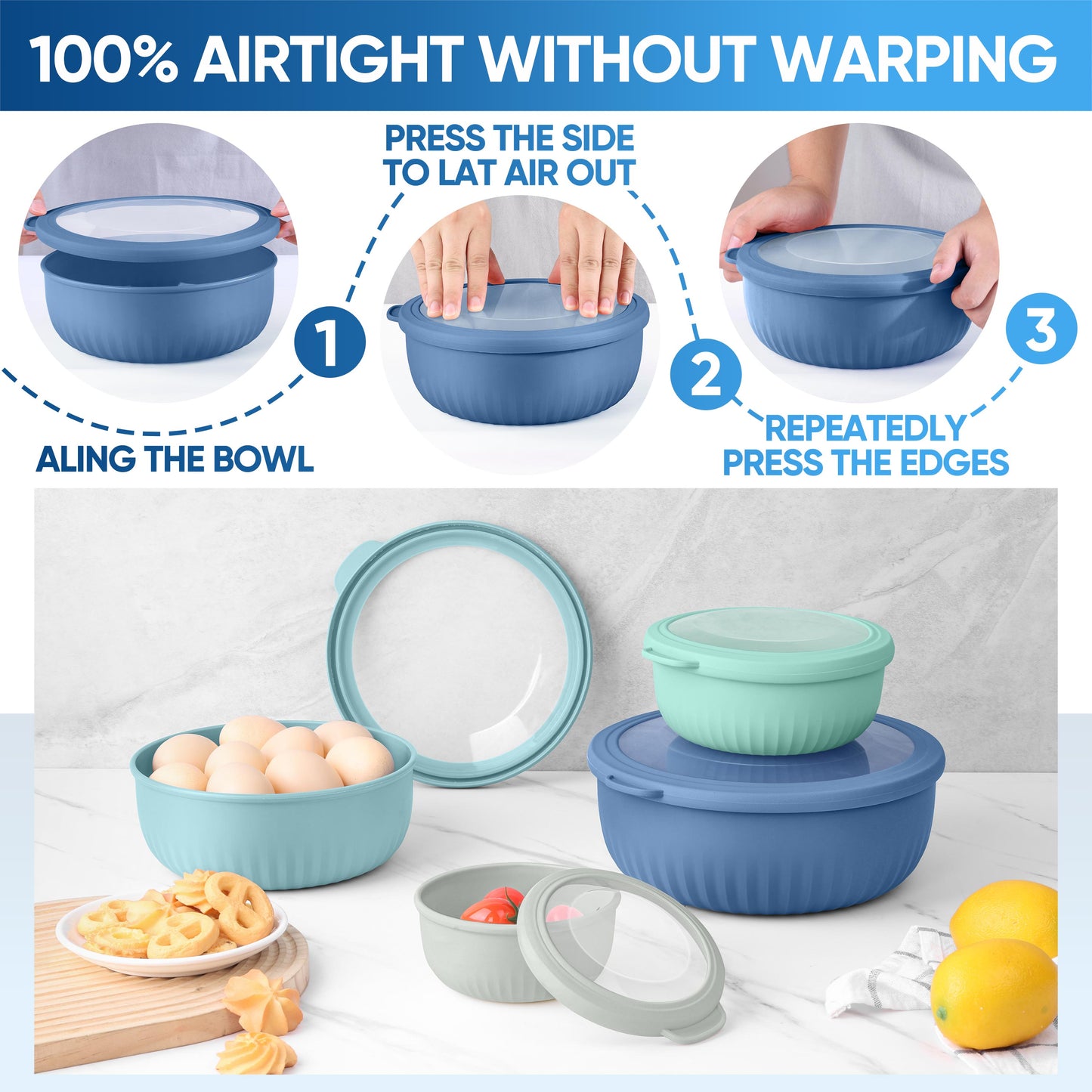 Vesteel 8Pcs Mixing Bowl Set with Lids, Nesting Plastic Bowls for for Mixing Serving Preparing Storage, Kitchen Prep Bowls, Dishwasher Safe, Dark Blue