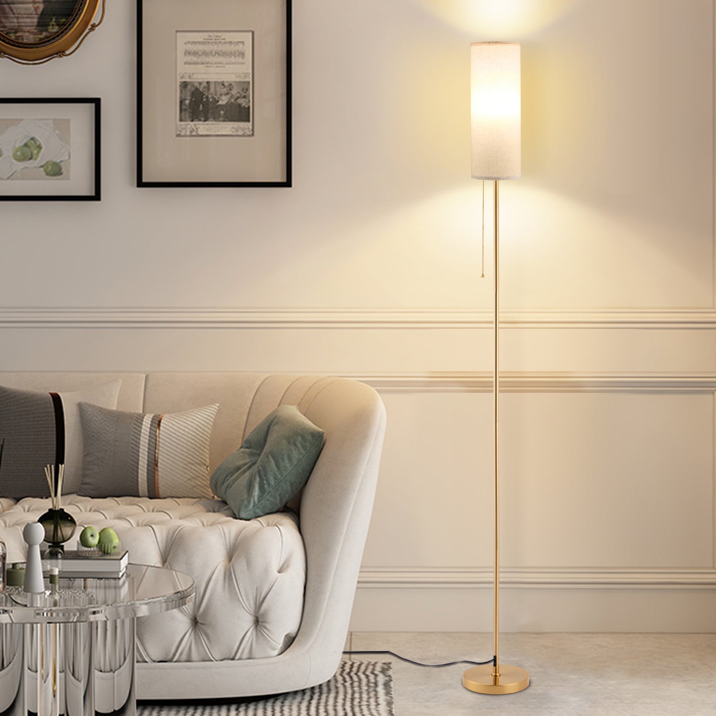 Vesteel Floor Lamp for Living Room, Modern Standing Lamp with 3 Color Temperatures LED Bulb & Linen Lampshade, Pole Lamp for Bedroom Living Room Office, Gold