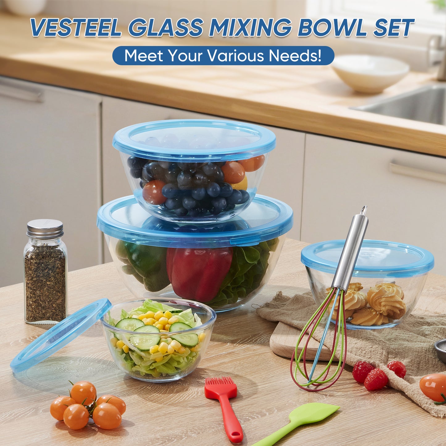 Vesteel Glass Mixing Bowls with Lids Set of 7(0.5QT, 0.8QT, 1.7QT, 2.9QT), Clear Salad Bowls with Egg Whisk Spatula Basting Brush, Nesting Food Prep Bowls for Baking Cooking Serving, Dishwasher Safe