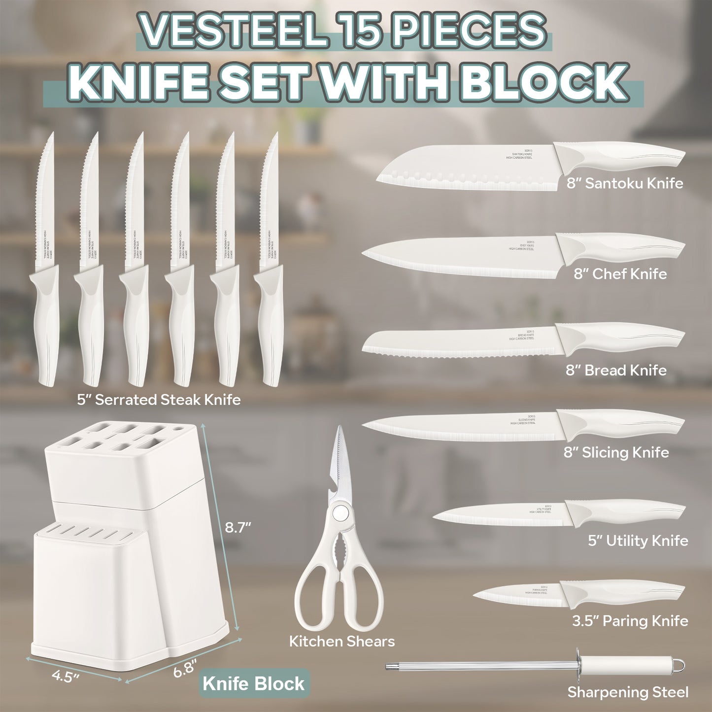 Vesteel Knife Set for Kitchen with Block, 15 Pcs Stainless Steel Kitchen Knife Set with Self Sharpening - White