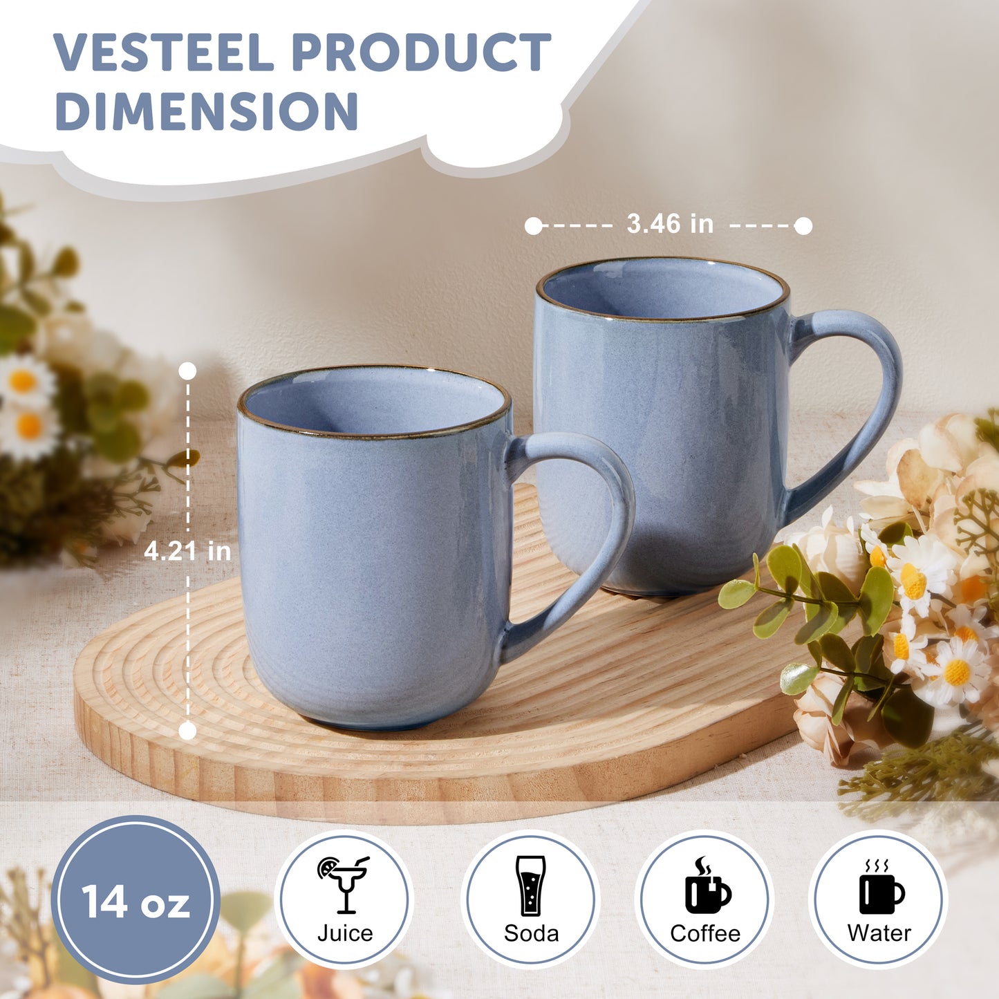 Vesteel Coffee Mug Set of 4, Ceramic Coffee Cups with Handles, 14oz Handmade Reactive Glaze Mugs Set for Coffee Tea Milk, Mug Gifts for Home Office Restaurant, Uranus Blue