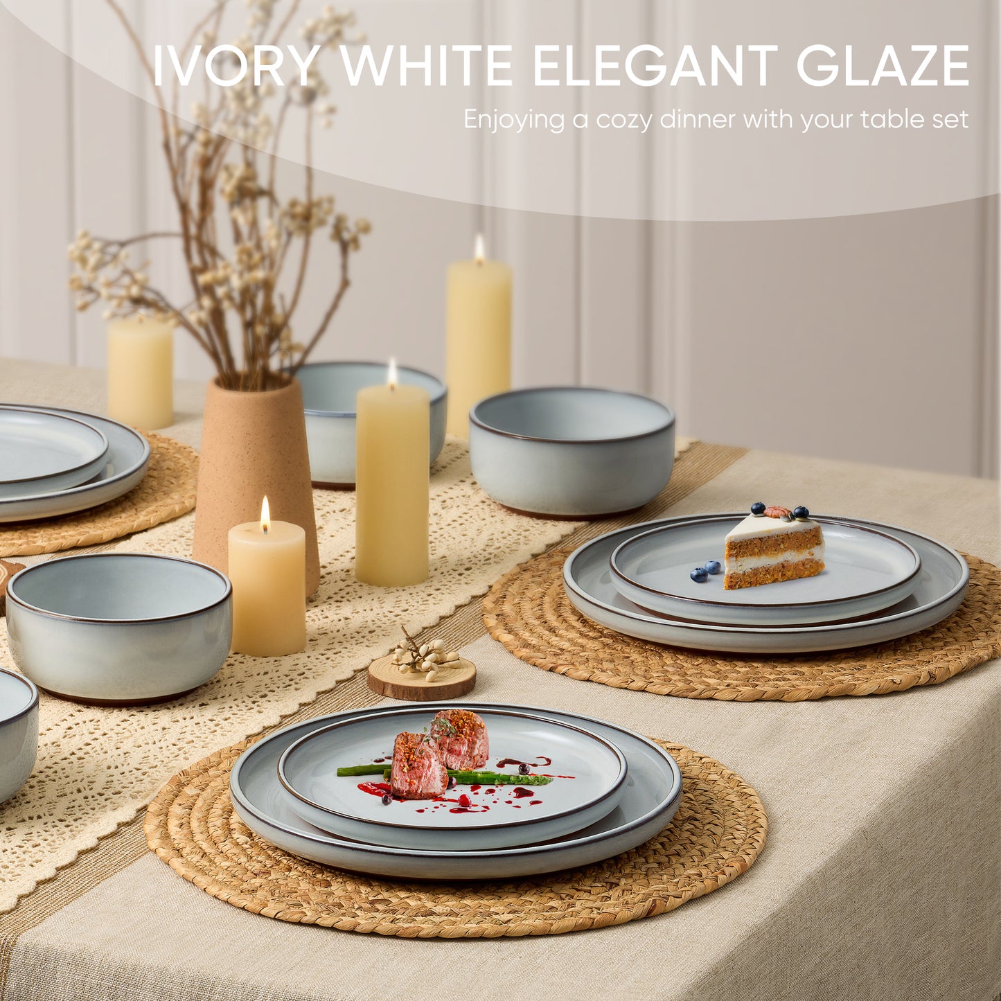 Vesteel 12-Piece Dinnerware Sets, Stoneware Dish and Bowls Set for 4, Ceramic Plates Set with Zisha Clay Base for Home Kitchen, Chip & Scratch Resistant - Ivory White