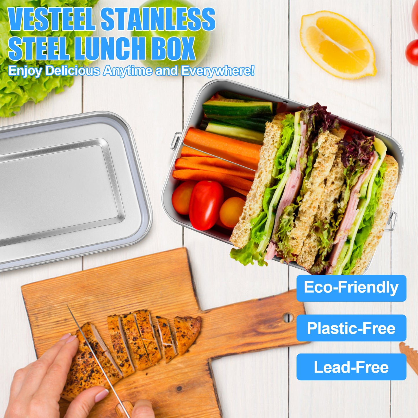 Vesteel Stainless Steel Bento Box, 29oz Lunch Box Metal Food Storage Container with Removable Dividers, Portable & Leak-Proof Meal Prep Container with 3 Compartment