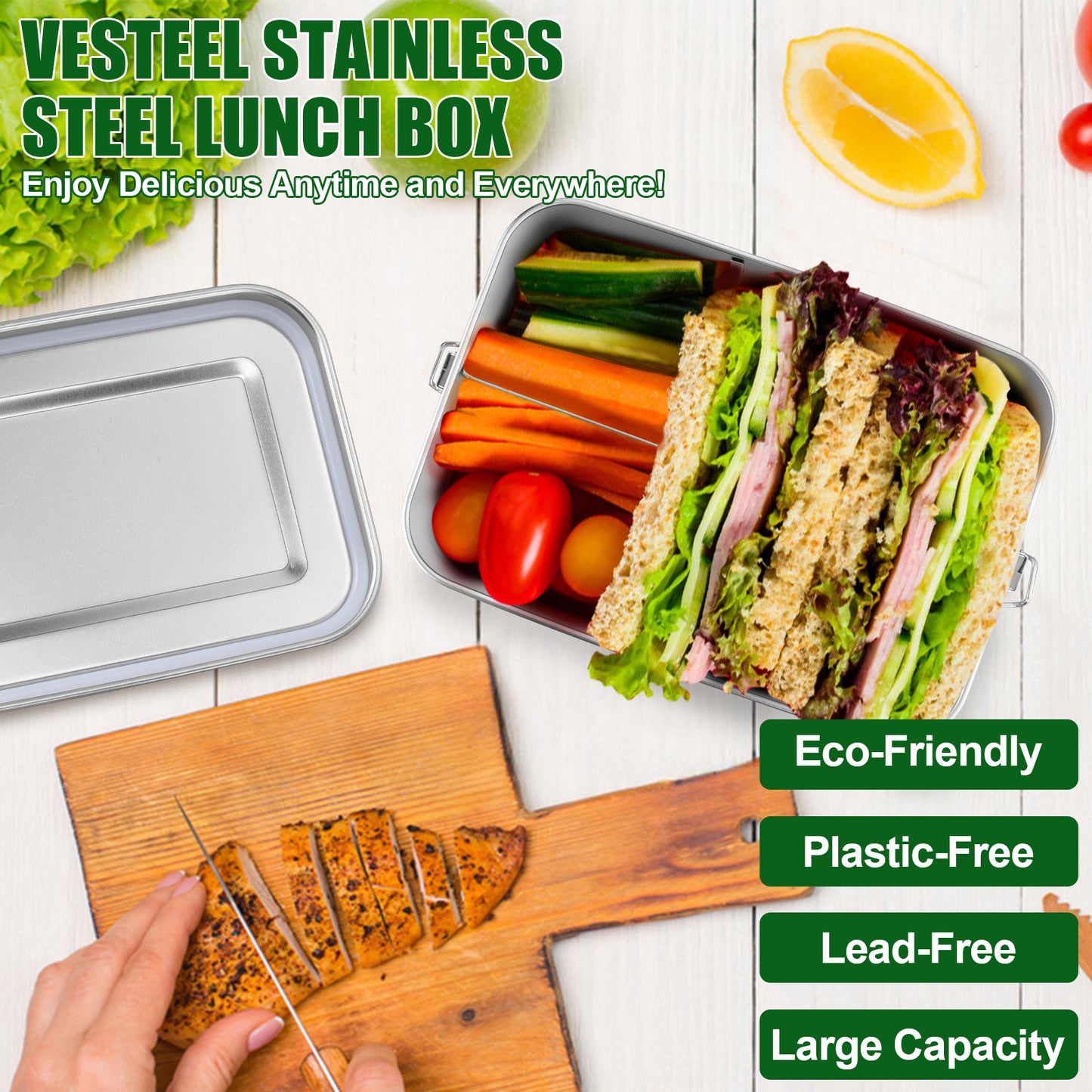Vesteel Stainless Steel Bento Box, 47oz Lunch Box Metal Food Storage Container with Removable Dividers, Portable & Leak-Proof Meal Prep Container with 3 Compartment