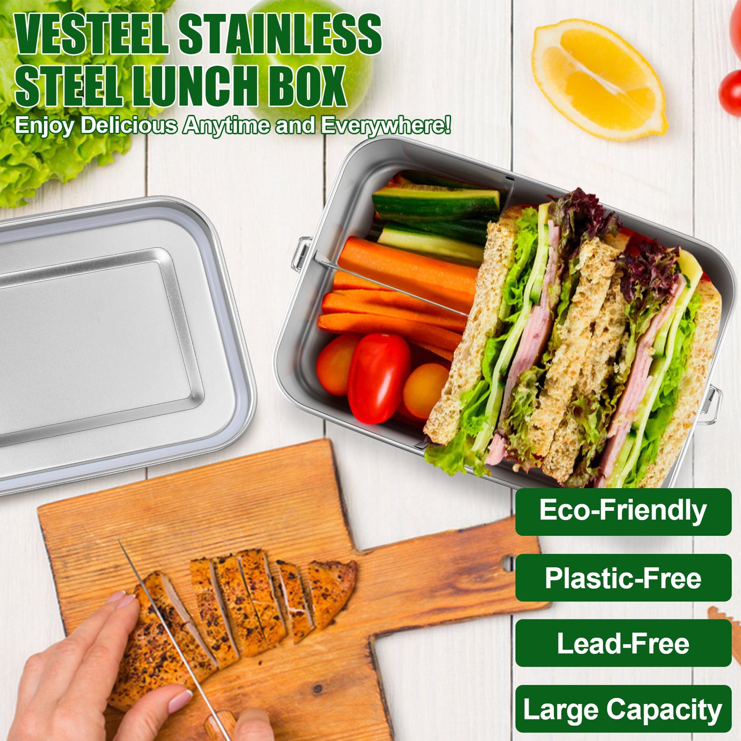 Vesteel Large Capacity Bento Box, 81oz Lunch Box Metal Food Storage Container with Removable Dividers, Portable & Leak-Proof Meal Prep Container with 3 Compartment