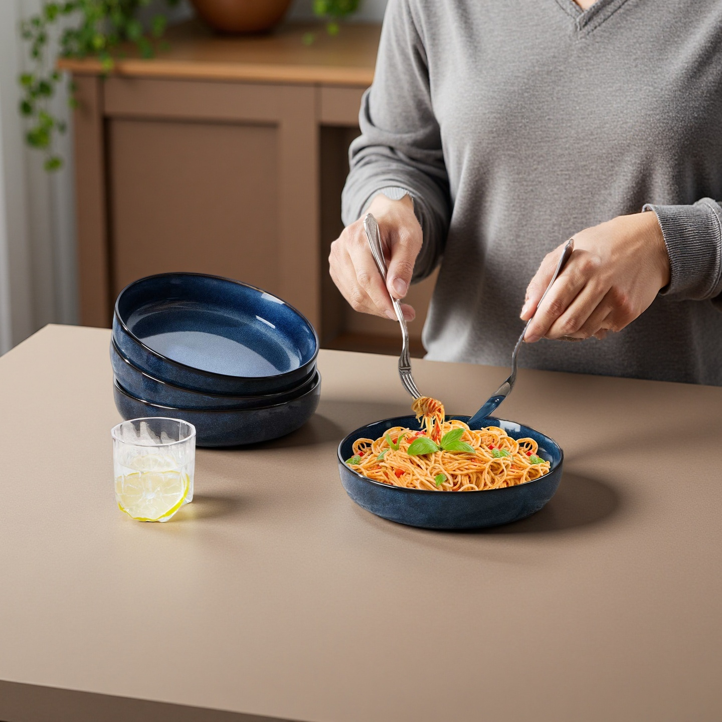 Onader Pasta Bowls Set of 4, 35oz Large Pasta Bowls for Serving, Wide Bowl Plates for Kitchen, Double Reactive Glaze, Microwave and Dishwasher Safe - Deep Sea Blue