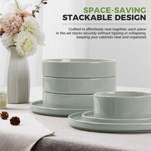Vesteel 16 Pieces Dinnerware Sets, Premium Stoneware Dishes Set for 4, Speckled Plates and Bowls Set for Home Restaurant, Microwave and Dishwasher Safe - Light Green