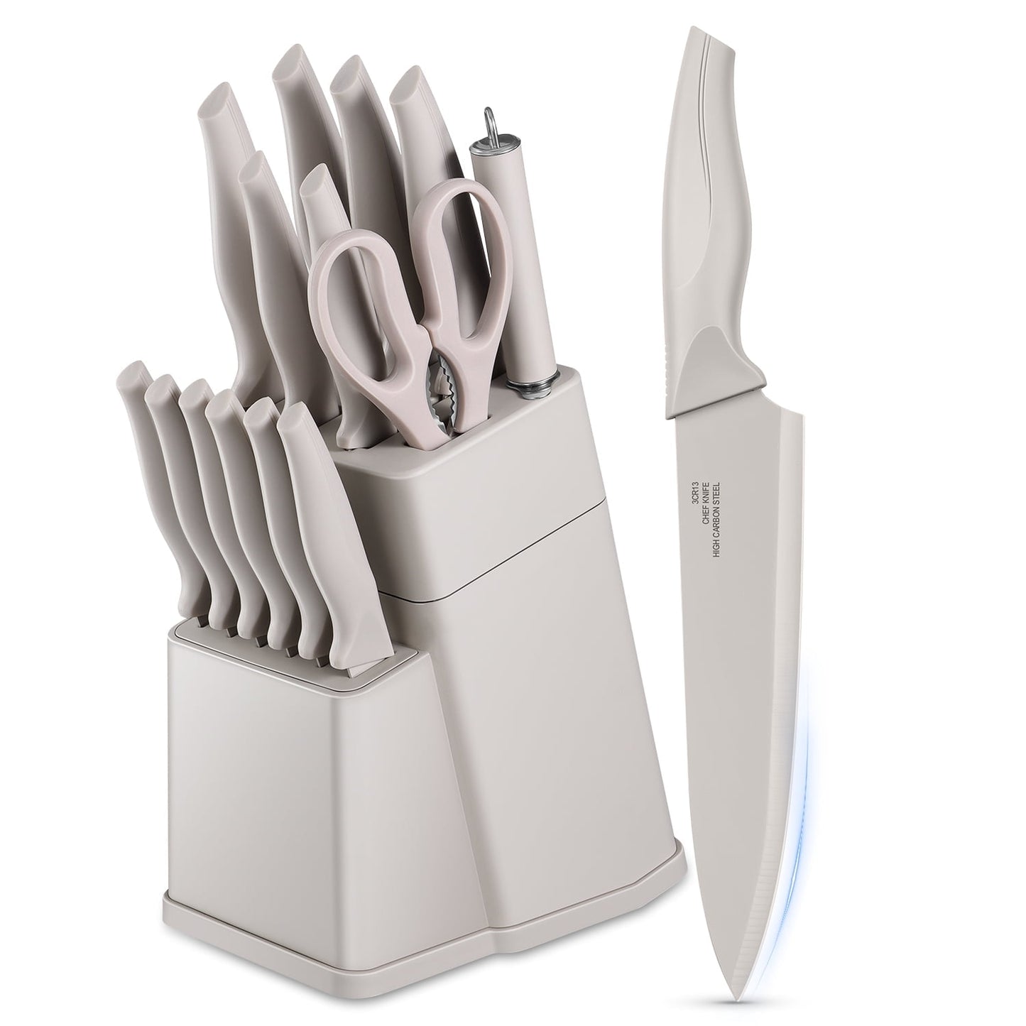 Vesteel Knife Set for Kitchen with Block, 15 Pcs Stainless Steel Kitchen Knife Set with Self Sharpening - Khaki