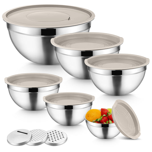 Mixing Bowls with Lids Set of 9, Vesteel Stainless Steel Mixing Bowls Metal Nesting Salad Bowls Attach with 3 Graters for Kitchen Grating/ Shredding, Size 4.6, 2.6, 2, 1.5, 1, 0.7 QT - Khaki