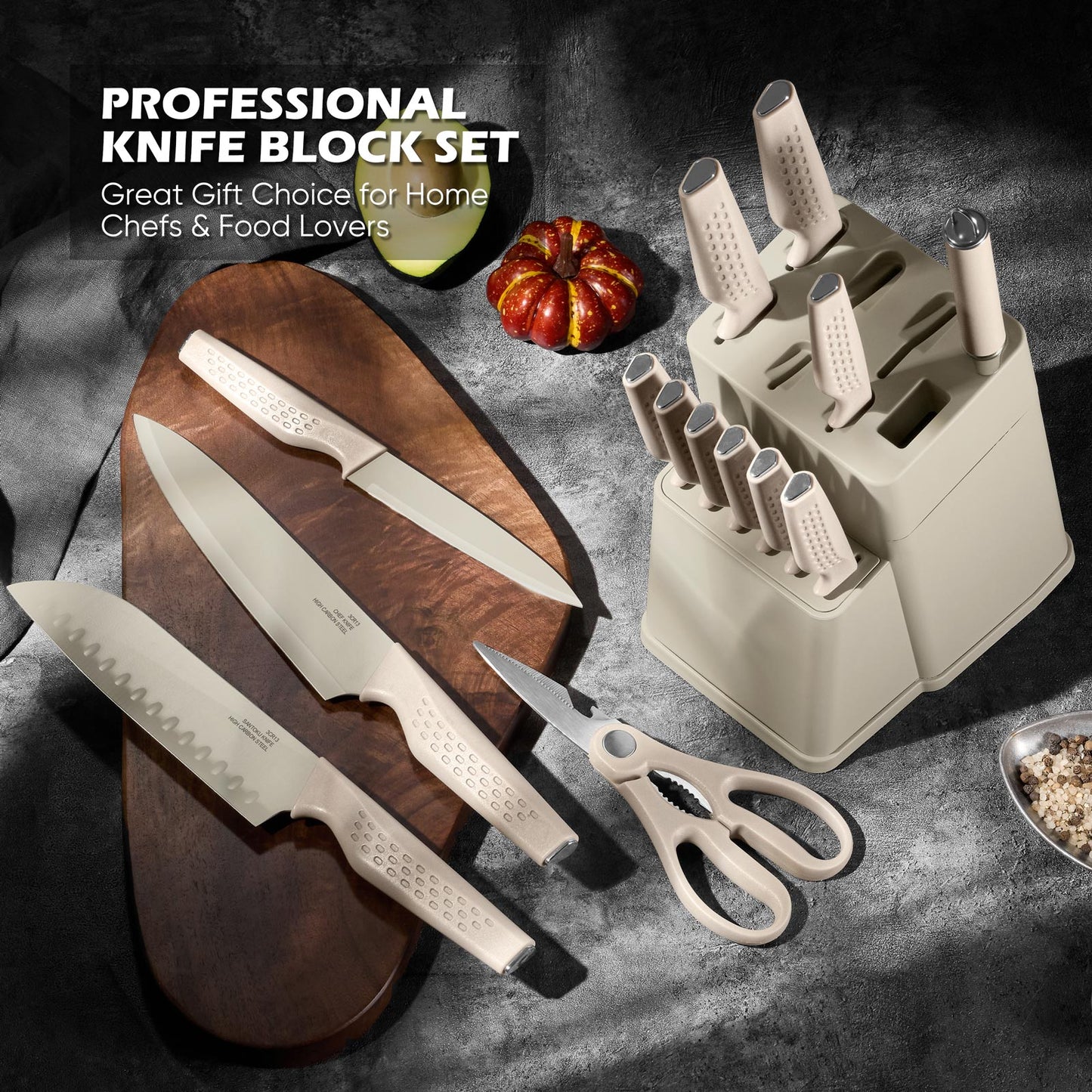 Vesteel Knife Block Set for Kitchen, 15-Piece High Carbon Stainless Steel Knives Set with Ergonomic Handle, Ultra-sharp & Rust Resistant, Khaki