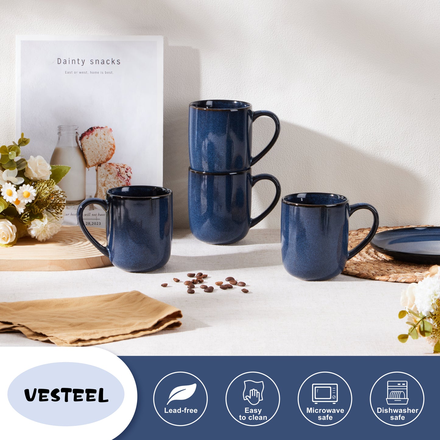 Vesteel Coffee Mug Set of 4, Ceramic Coffee Cups with Handles, 14oz Handmade Reactive Glaze Mugs set for Coffee Tea Milk, Mug Gifts for Home Office Restaurant, Ocean Blue