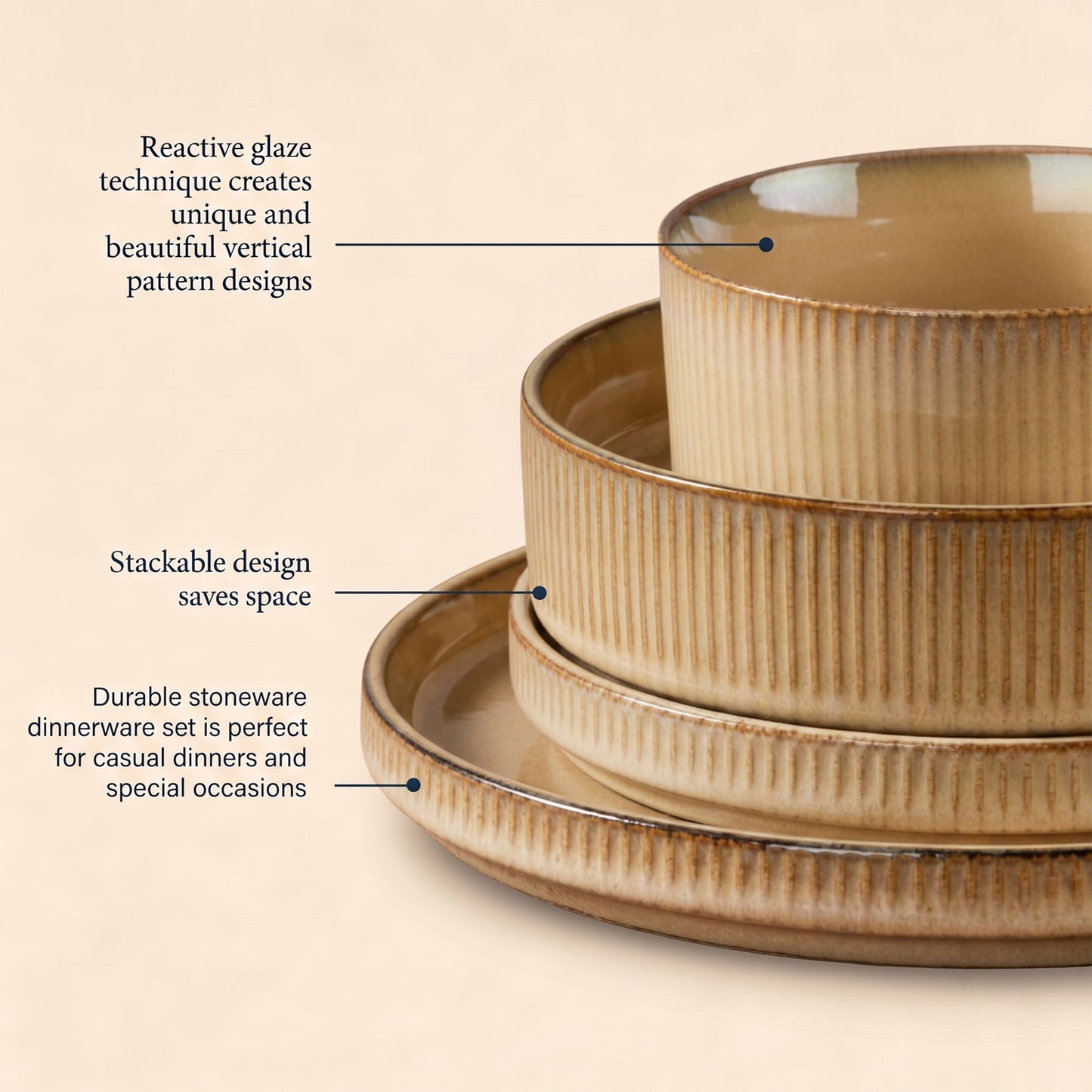 Onader 8-Piece Stoneware Dinnerware Set, Vertical Striped Reactive Glaze Plates and Bowls Sets for the Kitchen, Microwave & Dishwasher Safe, Khaki