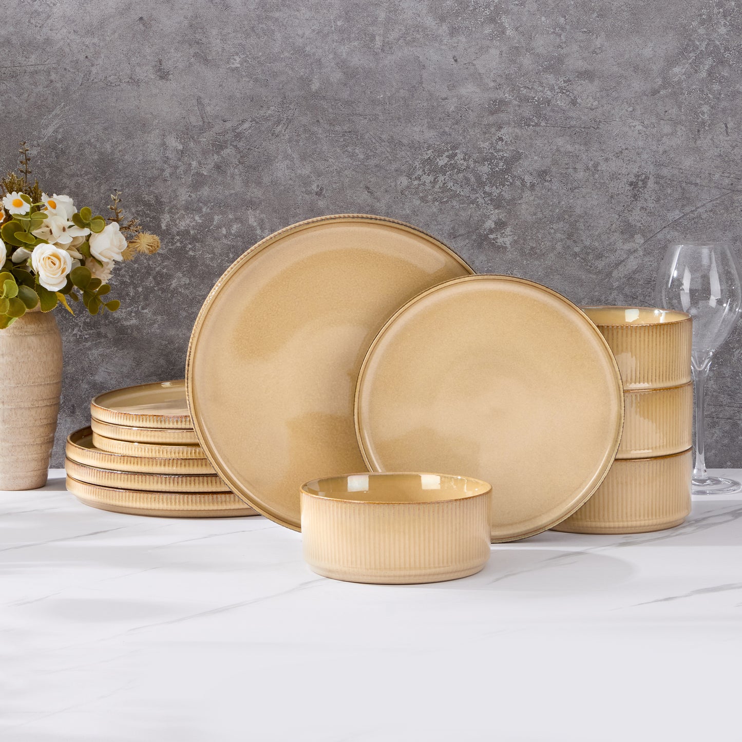 Vesteel Dinnerware Set for 4, 12-Piece Premium Stoneware Ribbed Dishes with Reactive Glaze, Chip & Scratch Resistant Plates and Bowls Set for Home Restaurant, Microwave and Dishwasher Safe - Khaki
