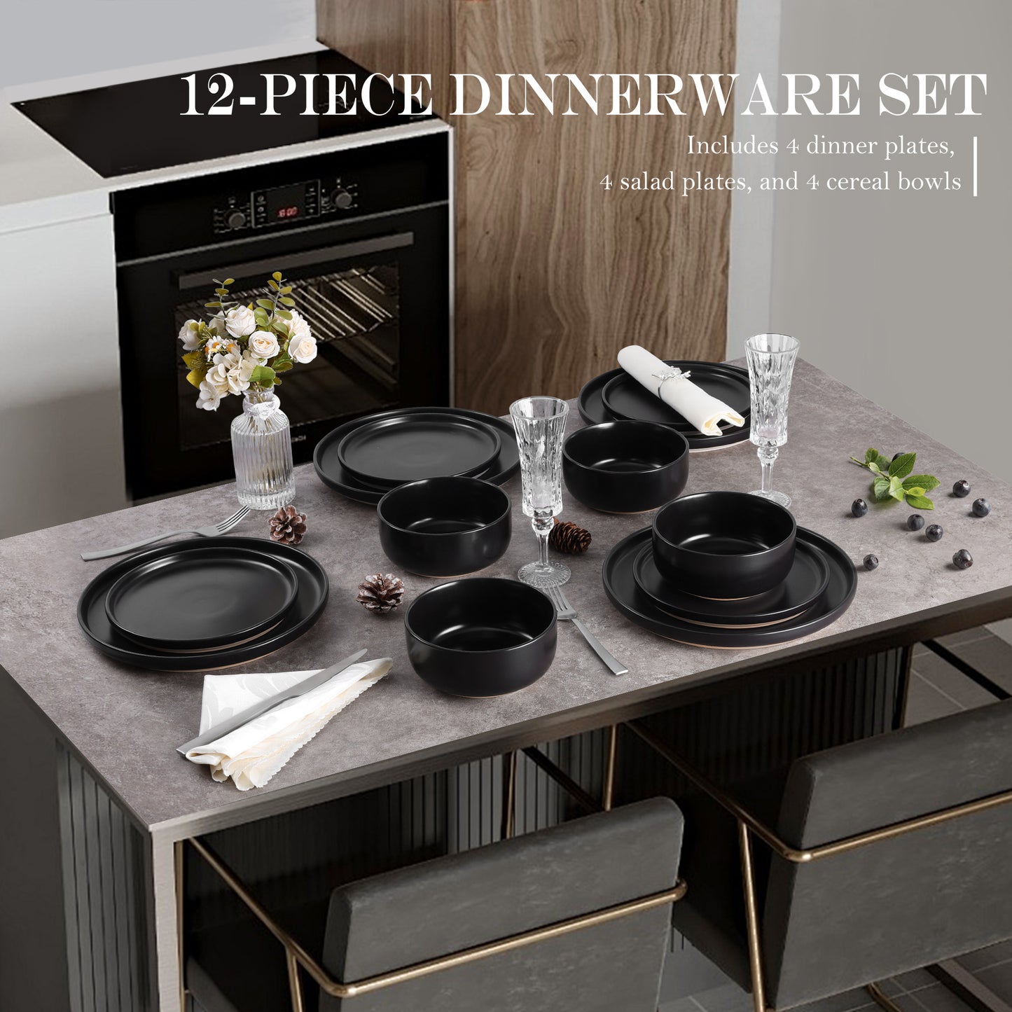 Vesteel 12-Piece Dinnerware set, Ceramic Plates and Bowls set for 4, Speckled Stoneware Dishes Set for Family, Microwave & Dishwasher Safe - Matte Black