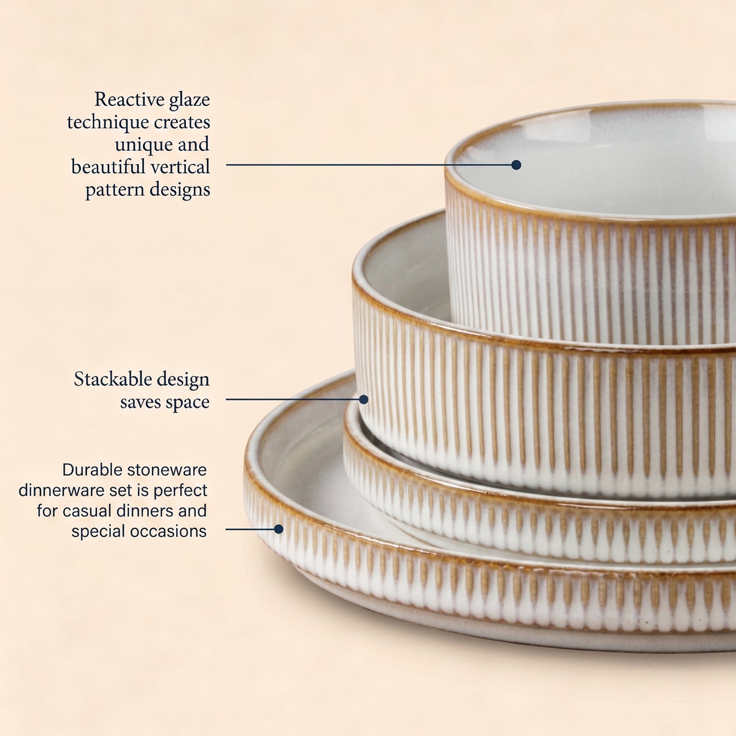 Onader 8-Piece Stoneware Dinnerware Set, Vertical Striped Reactive Glaze Plates and Bowls Sets for the Kitchen, Microwave & Dishwasher Safe, Beige