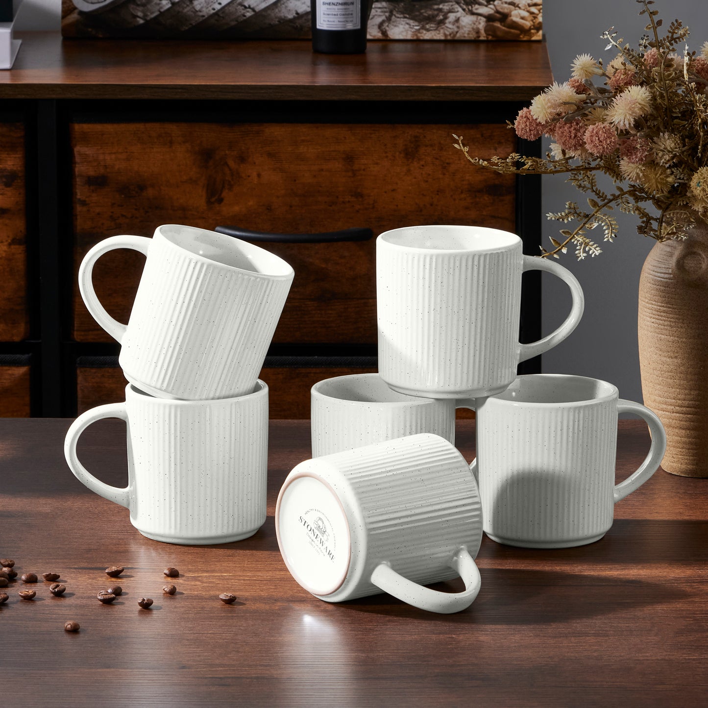Vesteel Ceramic Coffee Mug Set of 6, 12 Ounce Porcelain Stoneware Mug with Handles, Catering Coffee Cups for Coffee, Tea, Hot Cocoa, Milk, Microwave and Dishwasher Safe, Speckled White