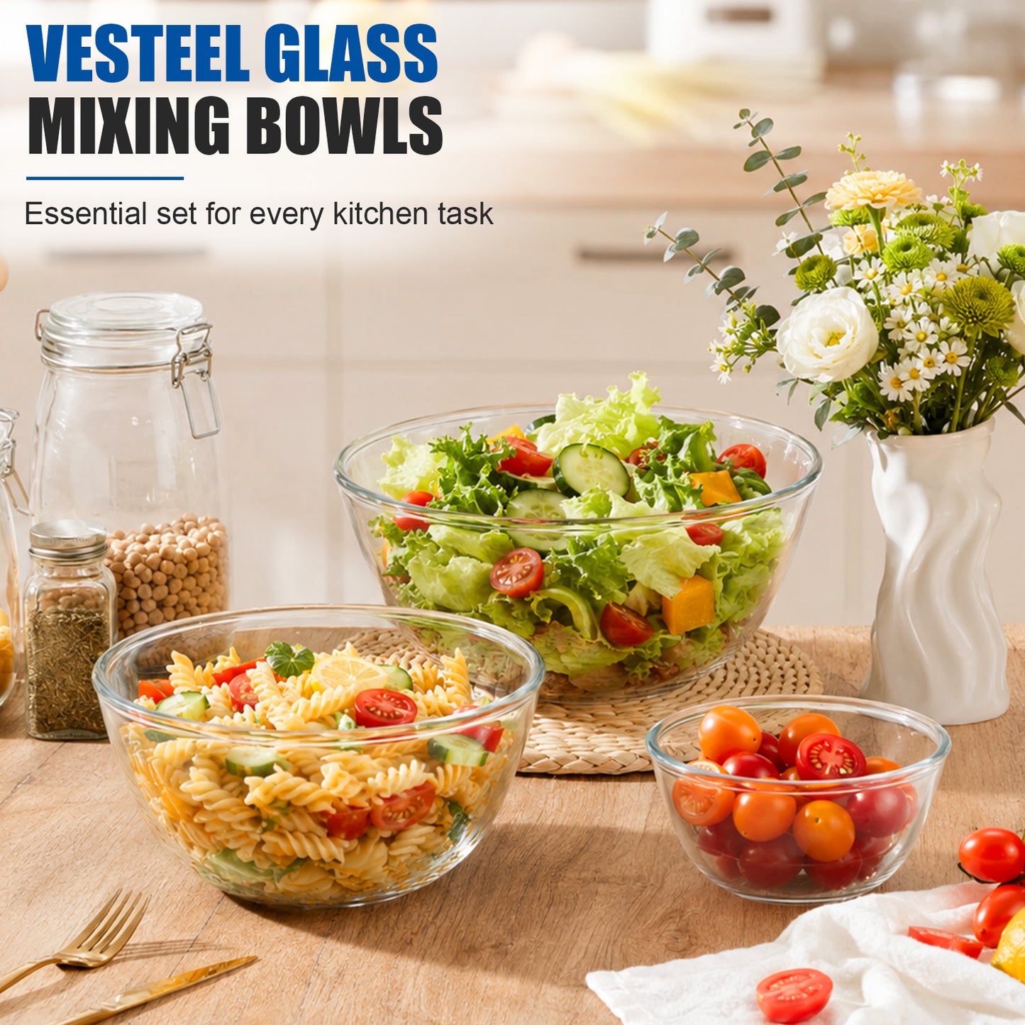 Vesteel 3Pcs Glass Mixing Bowls with Lids Set (0.8QT, 2.9QT, 4.8QT), Nesting Kitchen Salad Bowls with Airtight Vent Lid for Cooking Baking Prepping, Dishwasher, Microwave & Freezer Safe