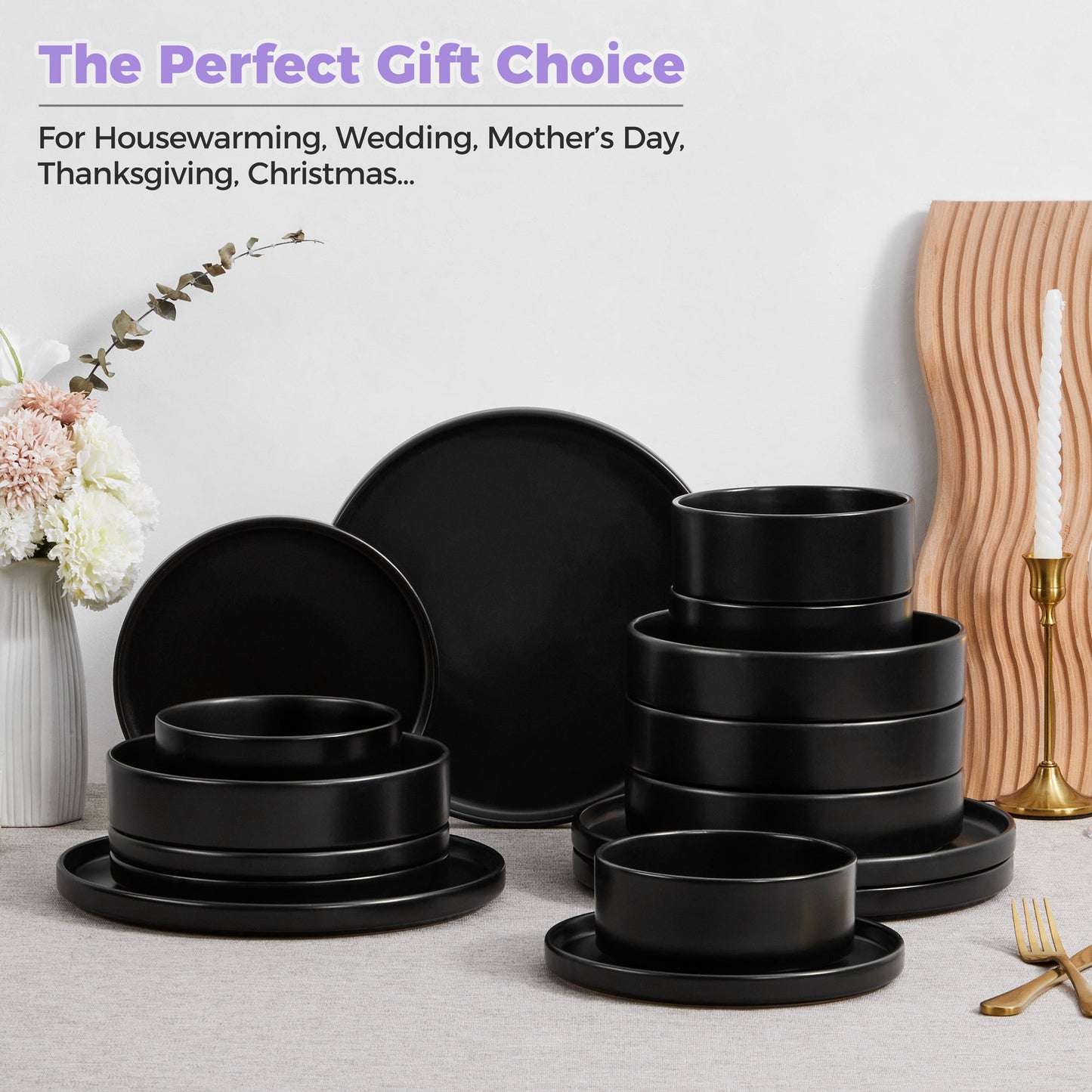 Vesteel 16 Pieces Dinnerware Sets, Premium Stoneware Dishes Set for 4, Speckled Plates and Bowls Set for Home Restaurant, Microwave and Dishwasher Safe - Matte Black