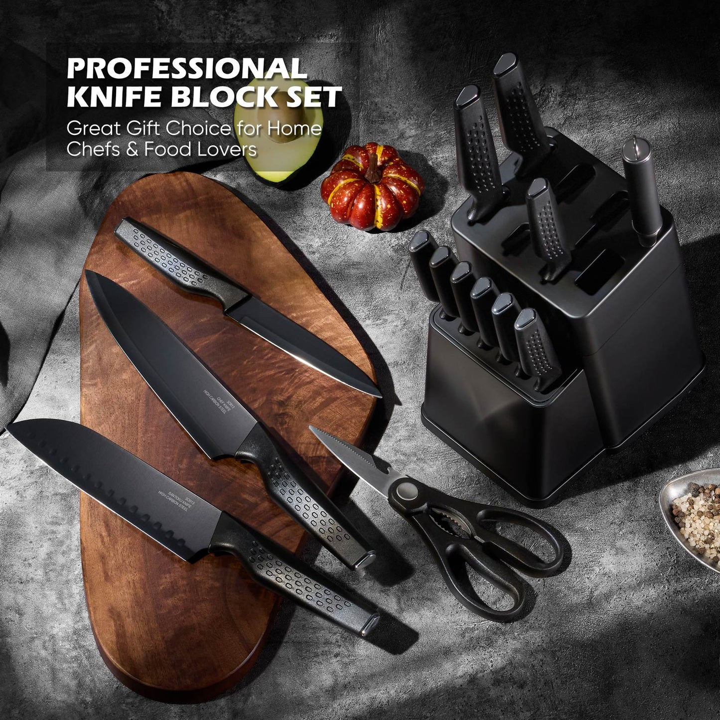 Vesteel Knife Block Set for Kitchen, 15-Piece High Carbon Stainless Steel Knives Set with Ergonomic Handle, Ultra-sharp & Rust Resistant, Black
