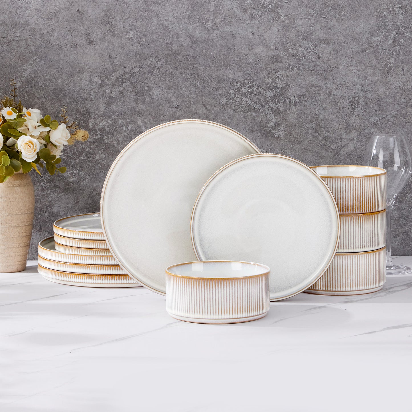 Vesteel Dinnerware Set for 4, 12-Piece Premium Stoneware Ribbed Dishes with Reactive Glaze, Chip & Scratch Resistant Plates and Bowls Set for Home Restaurant, Microwave Safe - Cappuccino White