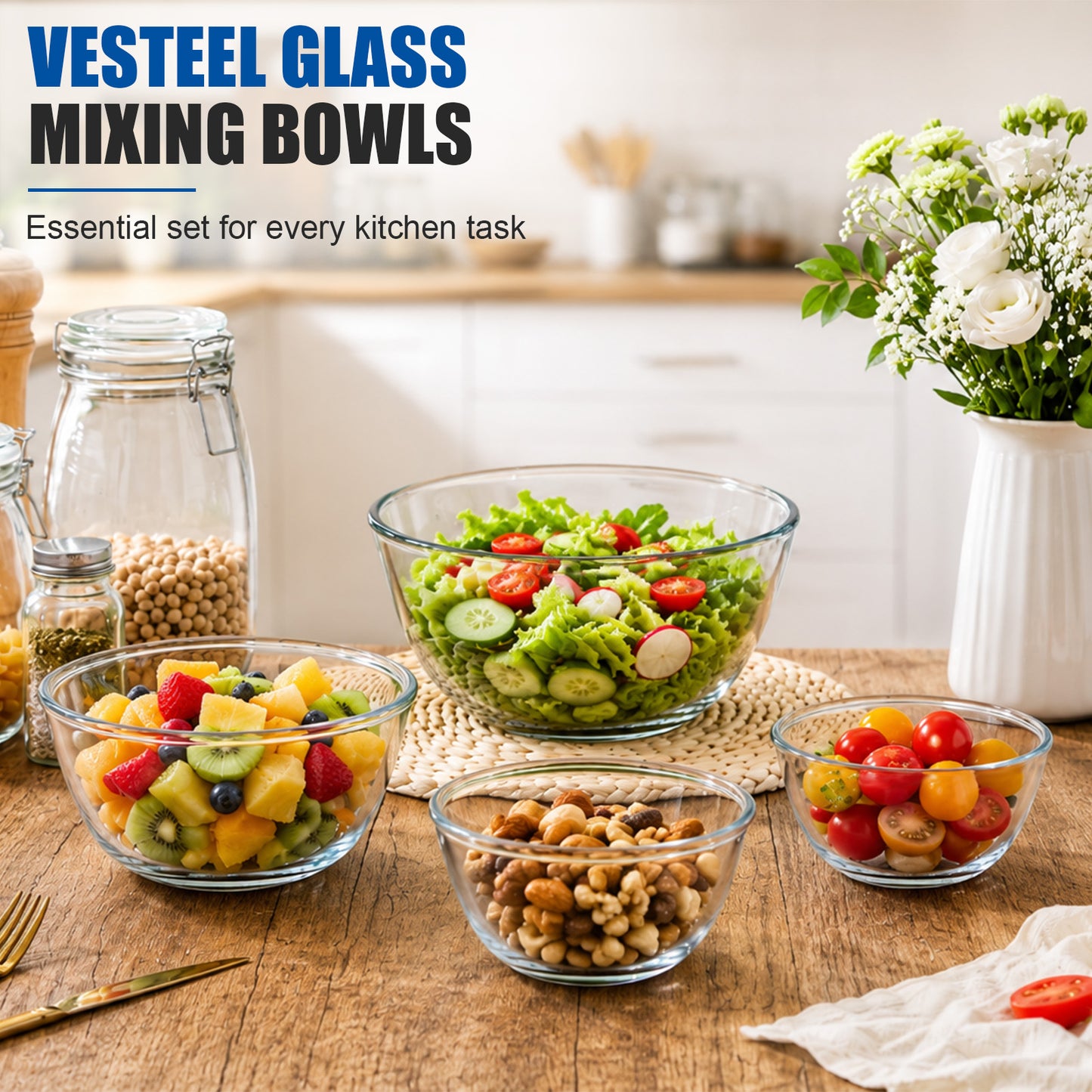 Vesteel 4Pcs Glass Mixing Bowls with Lids Set (0.5/0.8QT/1.7/2.9QT), Nesting Kitchen Salad Bowls with Airtight Vent Lid for Cooking Baking Prepping, Dishwasher, Microwave & Freezer Safe
