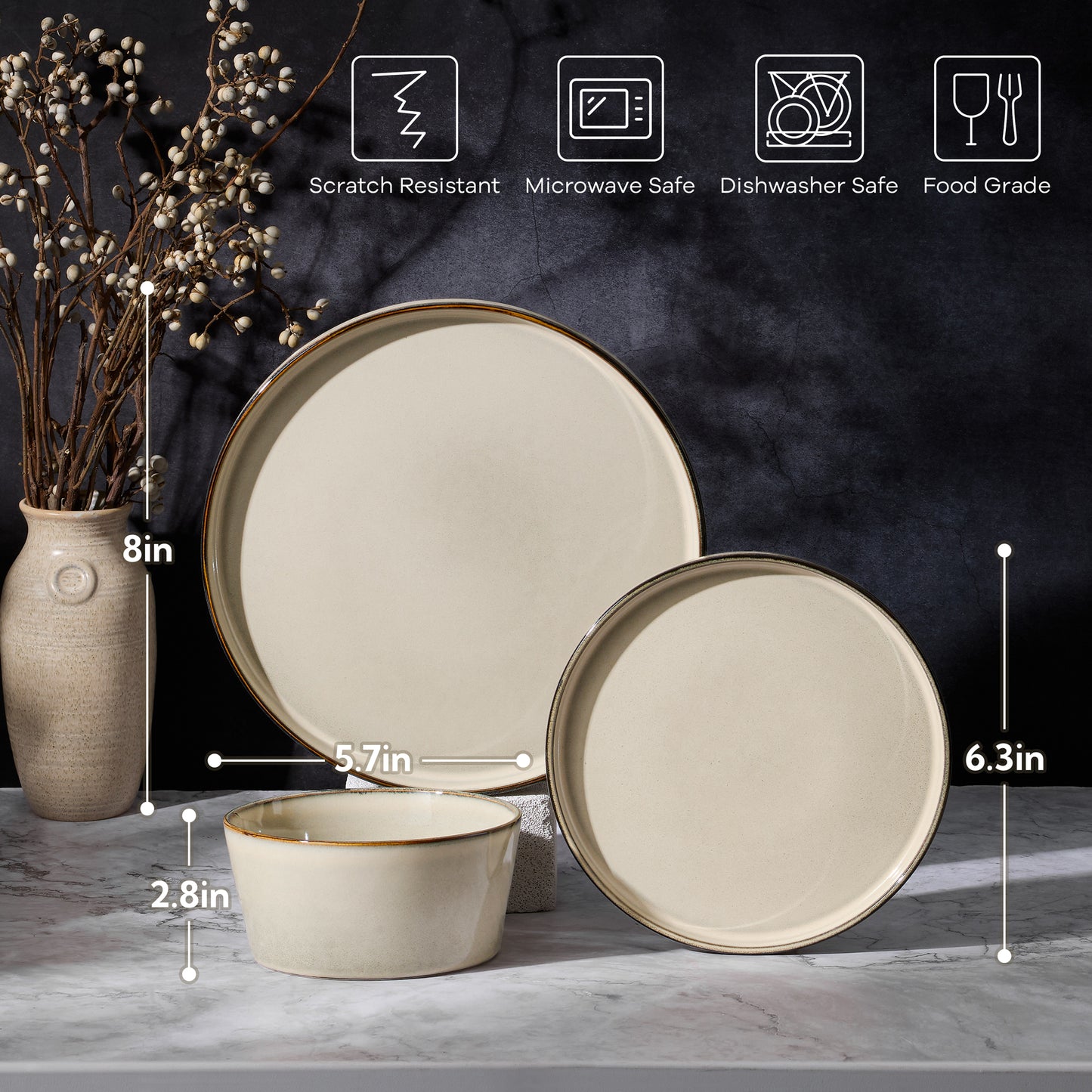 Vesteel Dinnerware Sets for 4, 12-Pieces Ceramic Plates and Bowls Sets, Handmade Reactive Glaze Dishes Set for Kitchen Dining, Dishwasher Safe, Khaki