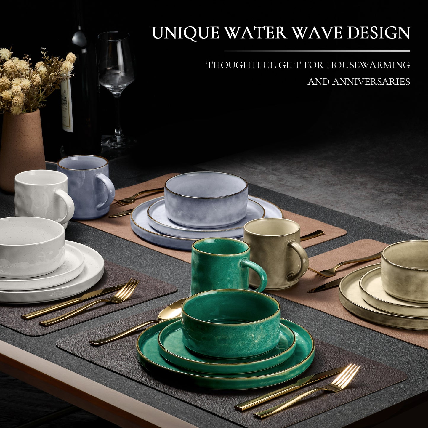 Vesteel 16-Piece Dinnerware Sets, Stoneware Dish and Bowls Set for 4, Handmade Reactive Glaze Coupe Plates Set, Chip & Scratch Resistant - Multi-Color