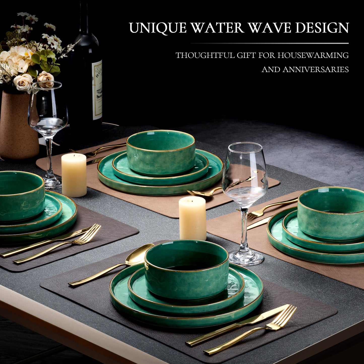 Vesteel Dinnerware Sets, 12-Piece Stoneware Plates and Bowls Set, Dishes Set for 4, Elegant Ceramic Dinnerware for Home Restaurant - Jade Green