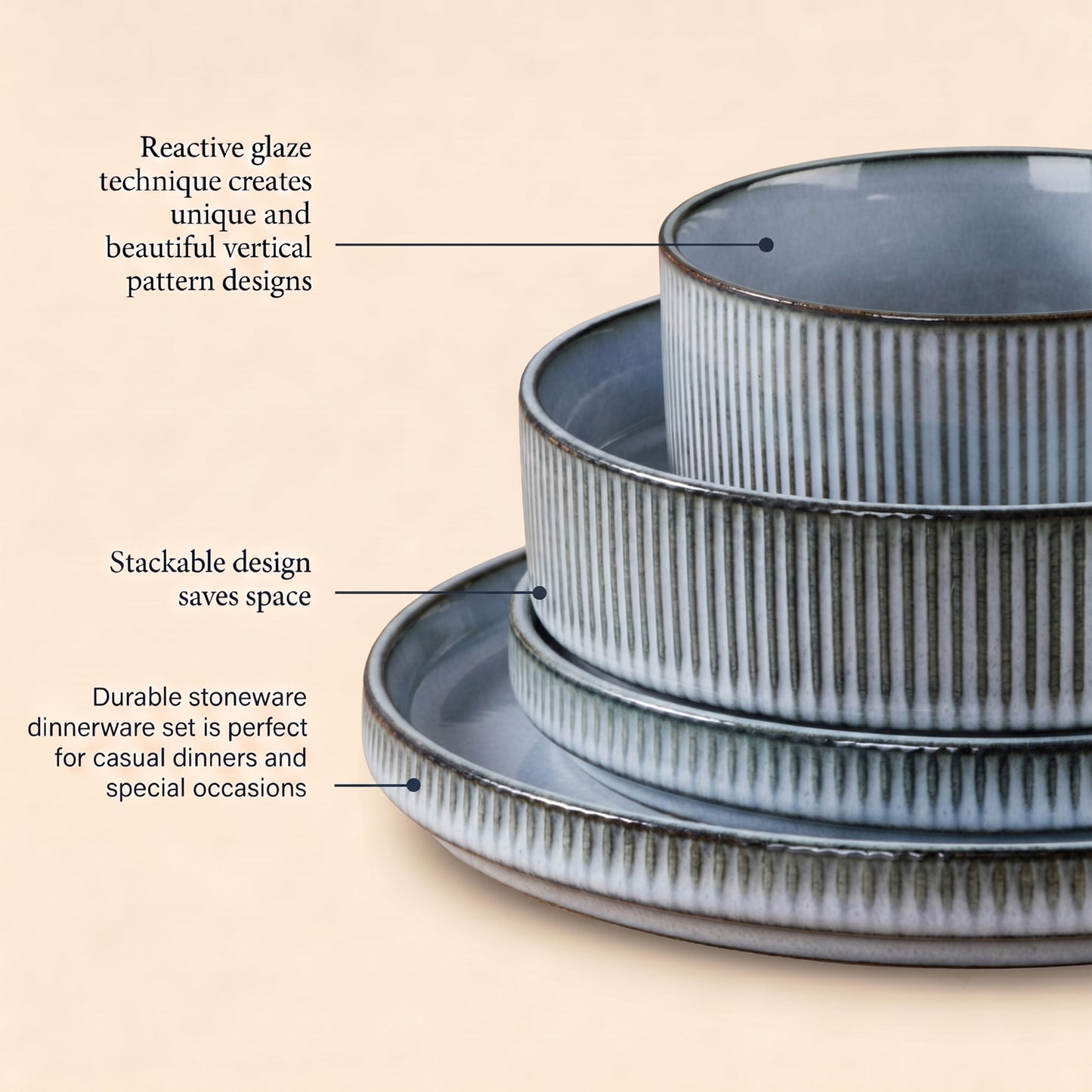 Onader 8-Piece Stoneware Dinnerware Set, Vertical Striped Reactive Glaze Plates and Bowls Sets for the Kitchen, Microwave & Dishwasher Safe, Smoke Gray