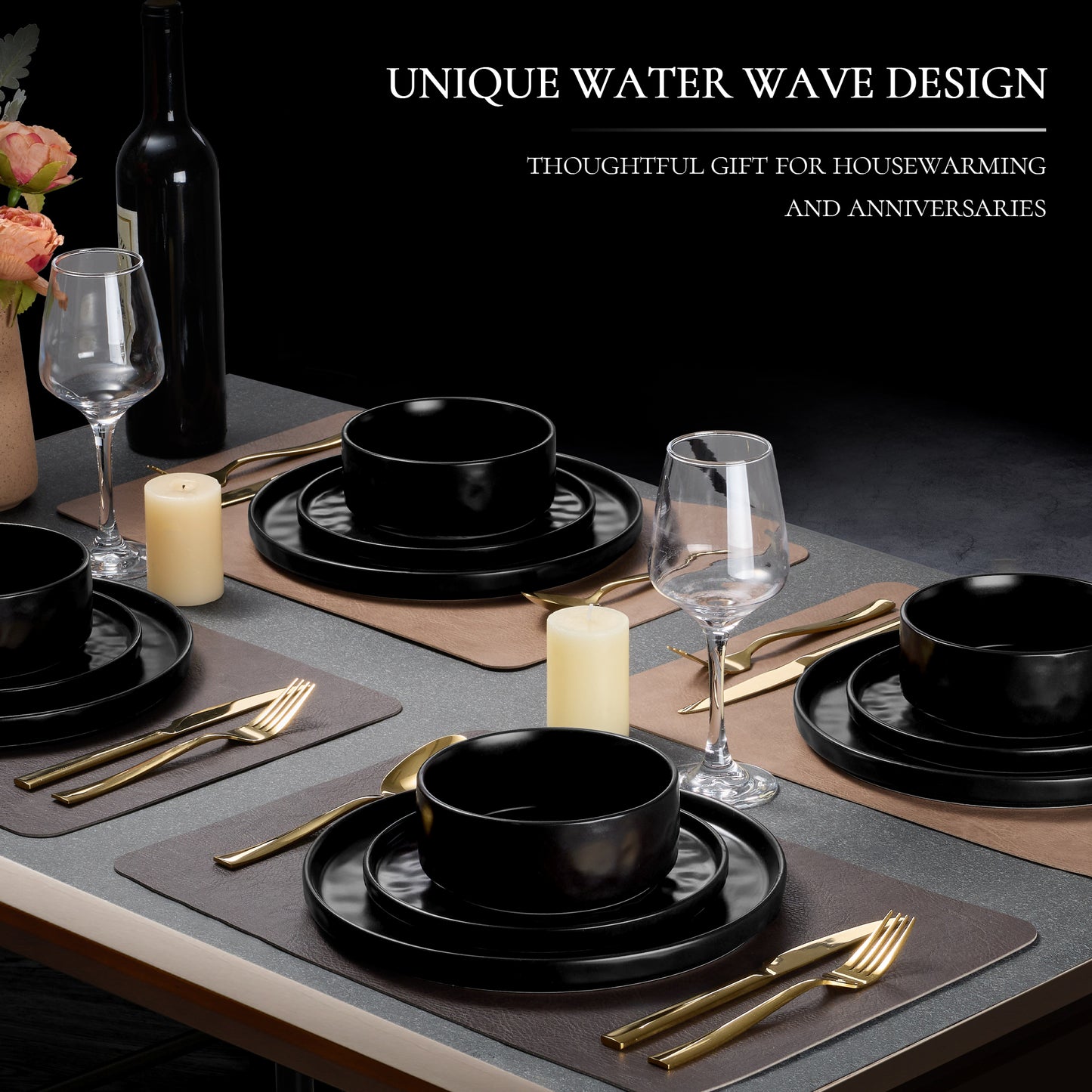 Vesteel Dinnerware Sets, 12-Piece Stoneware Plates and Bowls Set, Dishes Set for 4, Elegant Ceramic Dinnerware for Home Restaurant - Matte Black