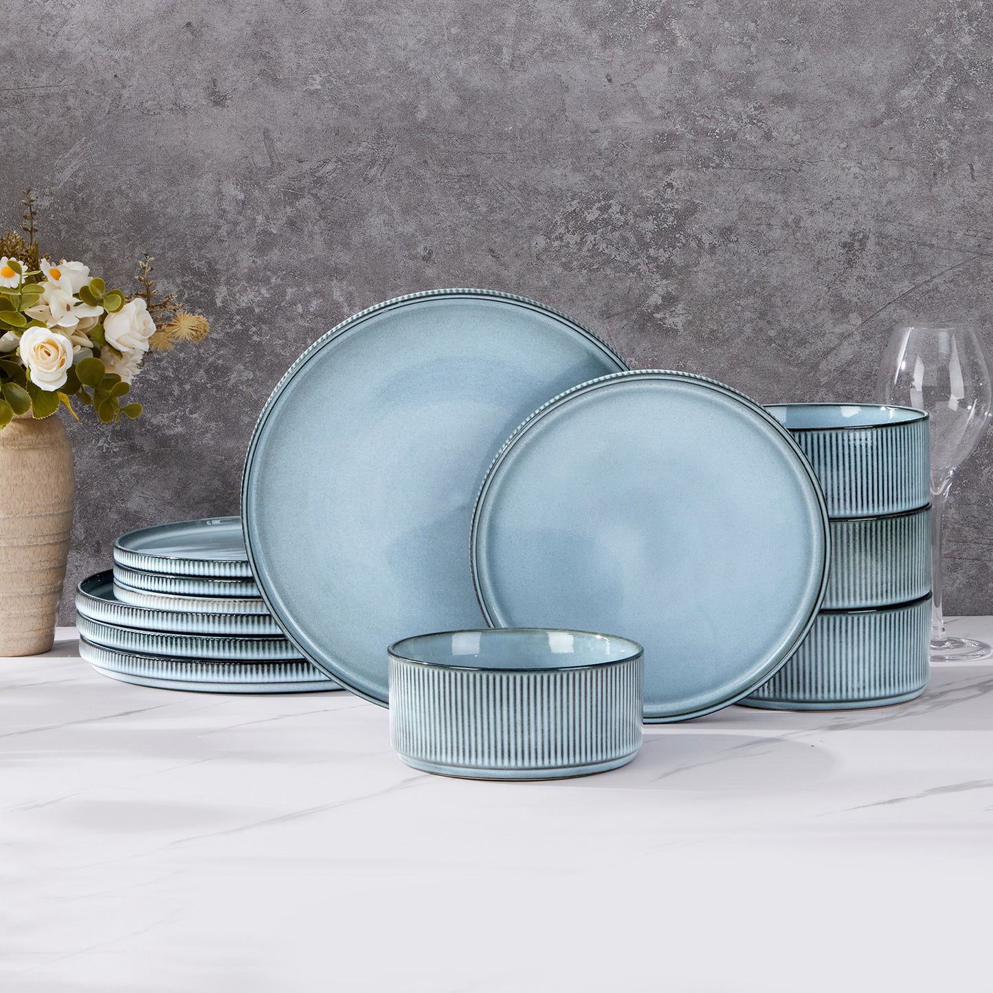 Vesteel Dinnerware Set for 4, 12-Piece Premium Stoneware Ribbed Dishes with Reactive Glaze, Chip & Scratch Resistant Plates and Bowls Set for Home Restaurant, Microwave Safe - Smoky Blue
