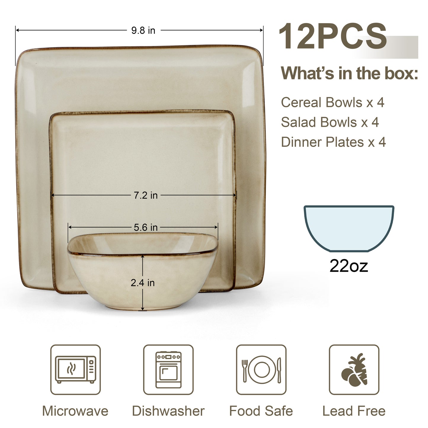 Vesteel 12 Pieces Square Dinnerware Sets, Ceramic Plates and Bowls Sets for 4, Handmade Reactive Glaze Dishes Set for Kitchen Dining, Microwave & Dishwasher Safe, Khaki