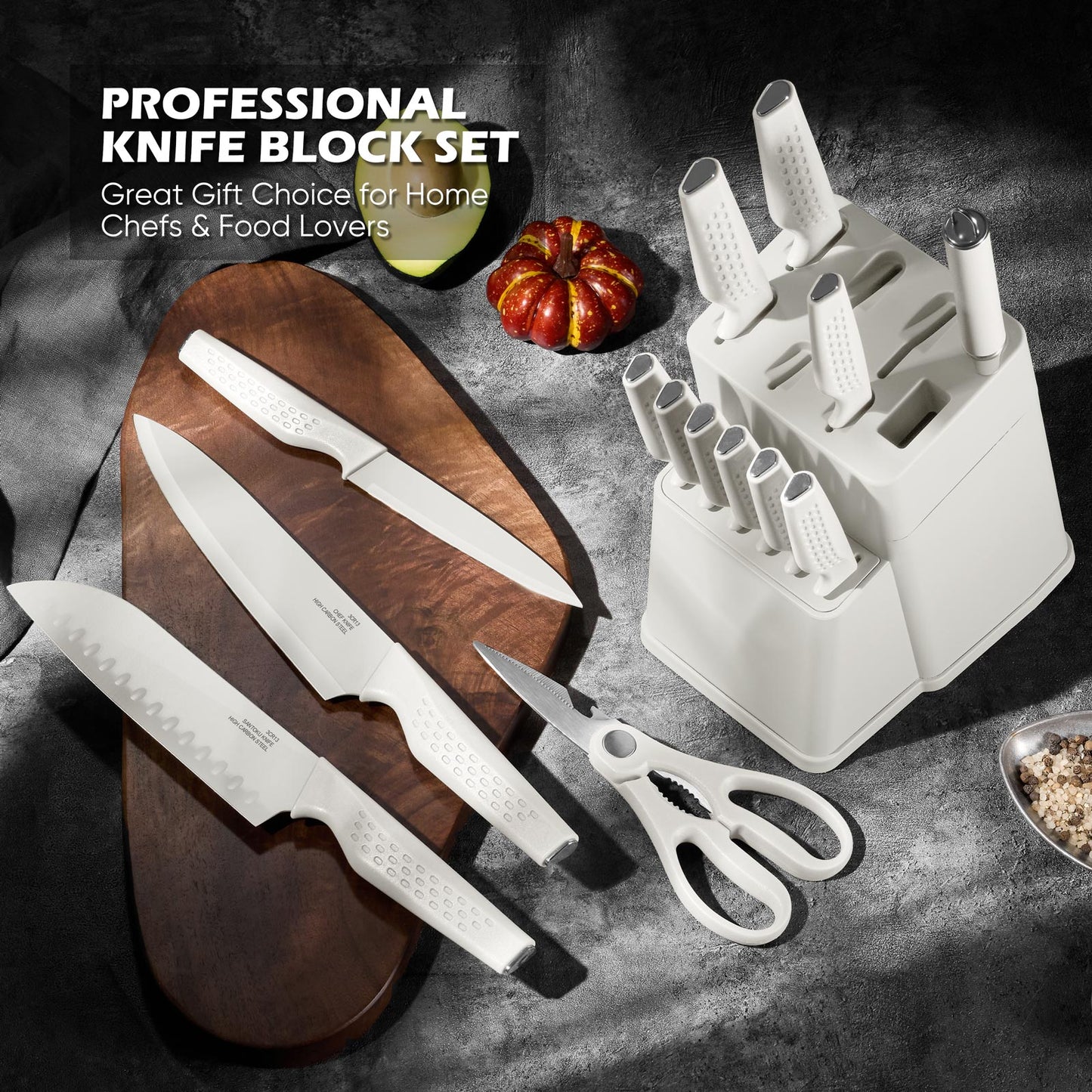 Vesteel Knife Block Set for Kitchen, 15-Piece High Carbon Stainless Steel Knives Set with Ergonomic Handle, Ultra-sharp & Rust Resistant, White
