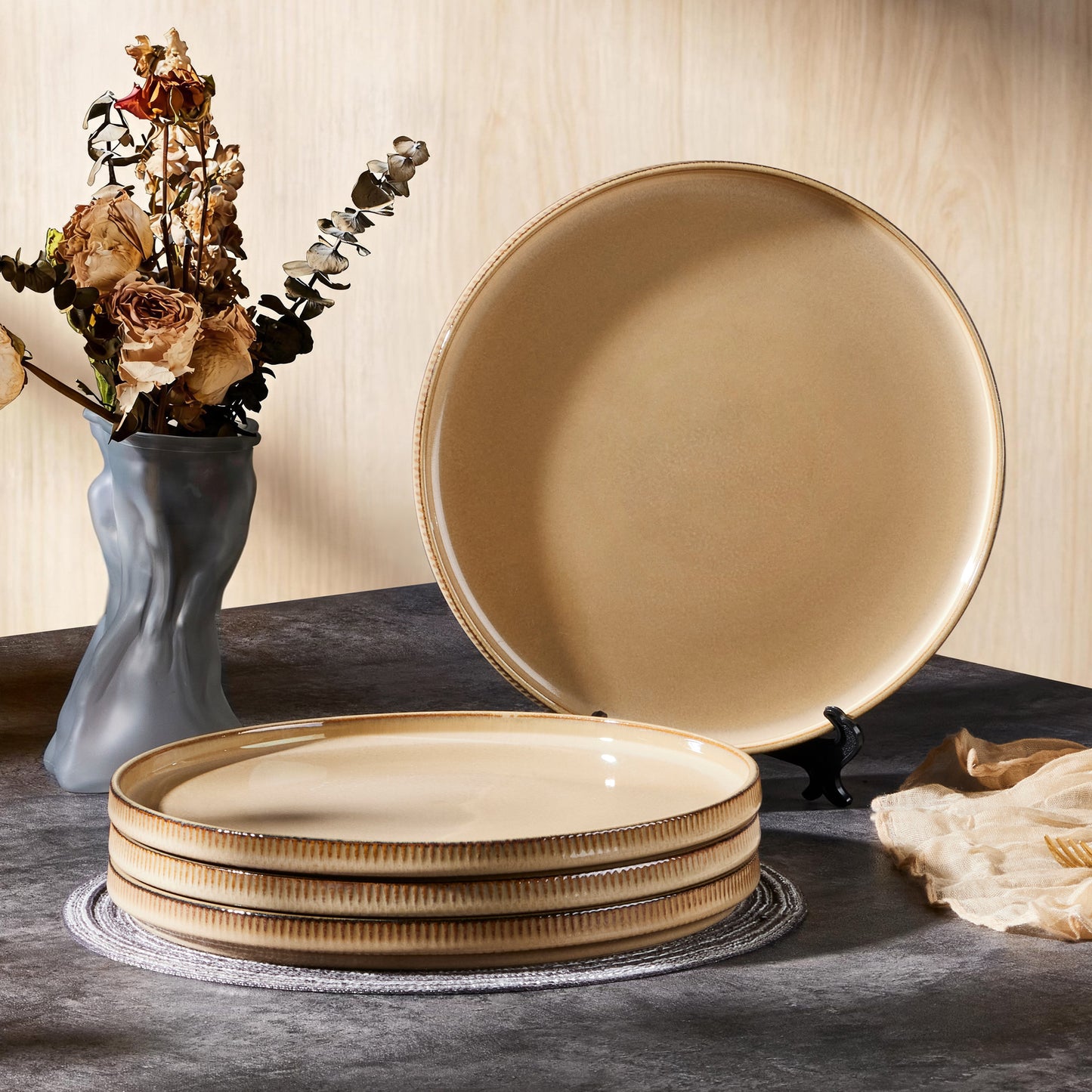 Vesteel 4 Pieces Dinner Plates Set, Premium Stoneware Ribbed Dishes, Chip & Scratch Resistant Ceramic Set for Home Restaurant, Microwave and Dishwasher Safe - Khaki